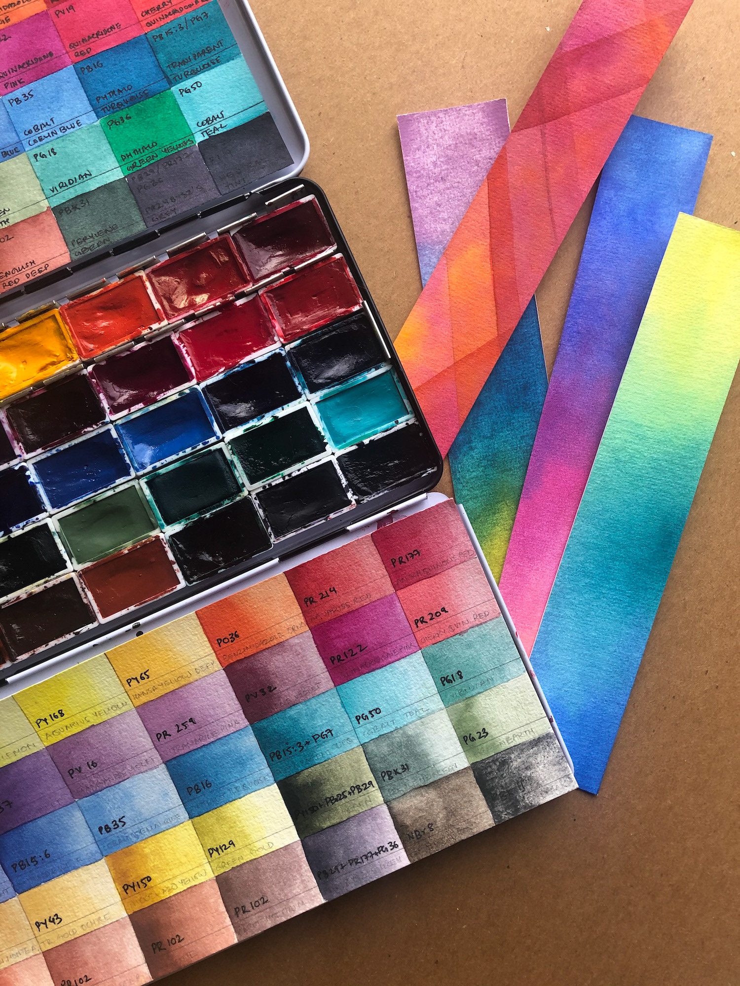 My current palette: 35 Roman Szmal Aquarius pans in extra large watercolour enamel box