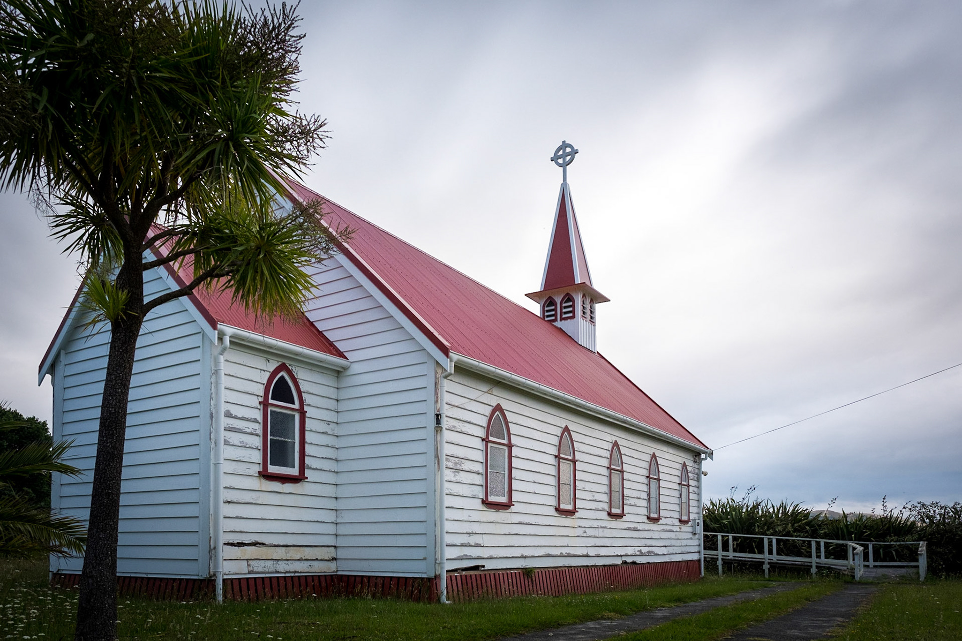 White and red church, characteristic of Northland, New Zealand