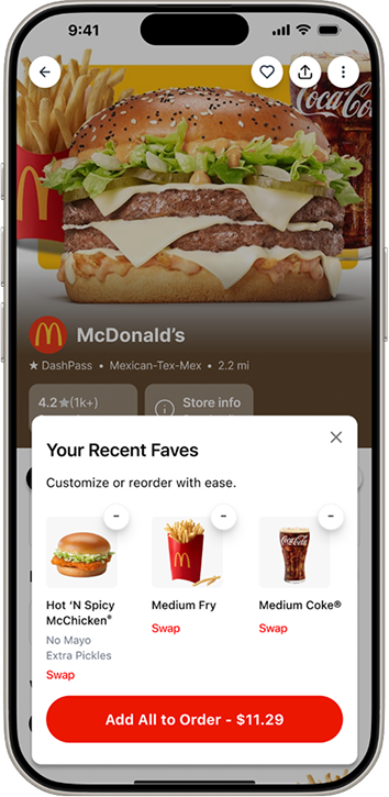 Merchant Menu – Reorder Including Entrée, Side And Drink From Past Orders