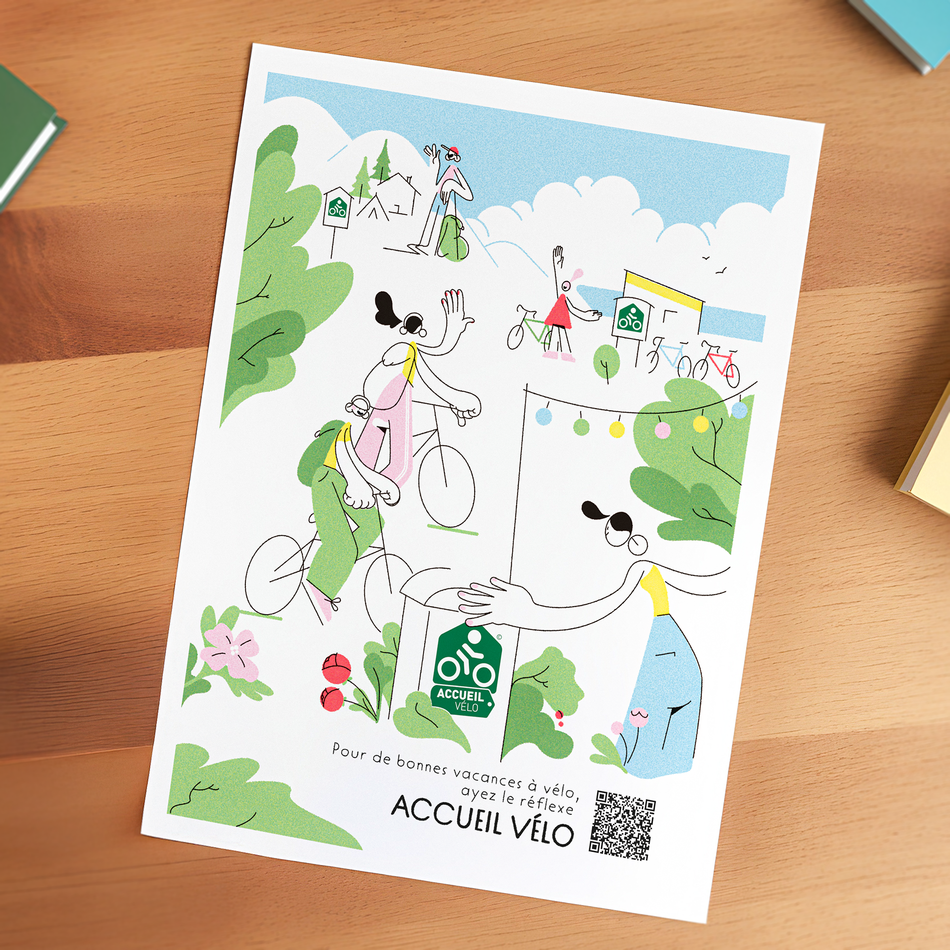 Illustration par Brice Boisset. Illustration publié dans le Guide Michelin de la France à vélo pour attirer l'attention des utilisateur sur le label Accueil Vélo.