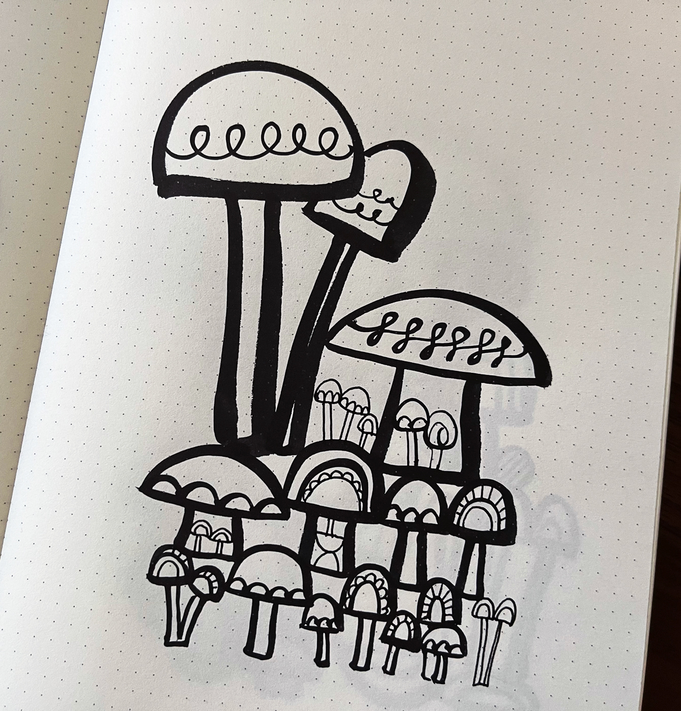 ink drawing of mushrooms created with Pentel Fude Brush Pen
