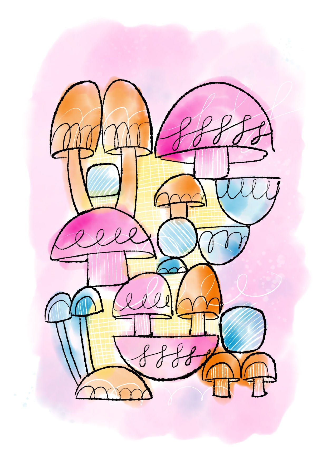 illustration of whimsical mushrooms, created in Adobe Fresco