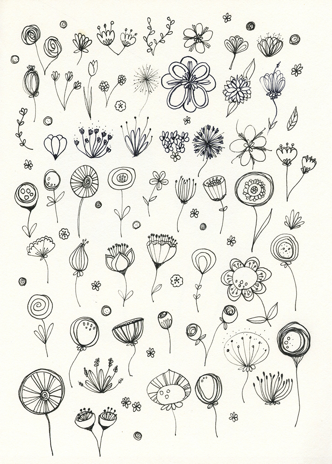 sketchbook page of flower doodles, created with Micron pen