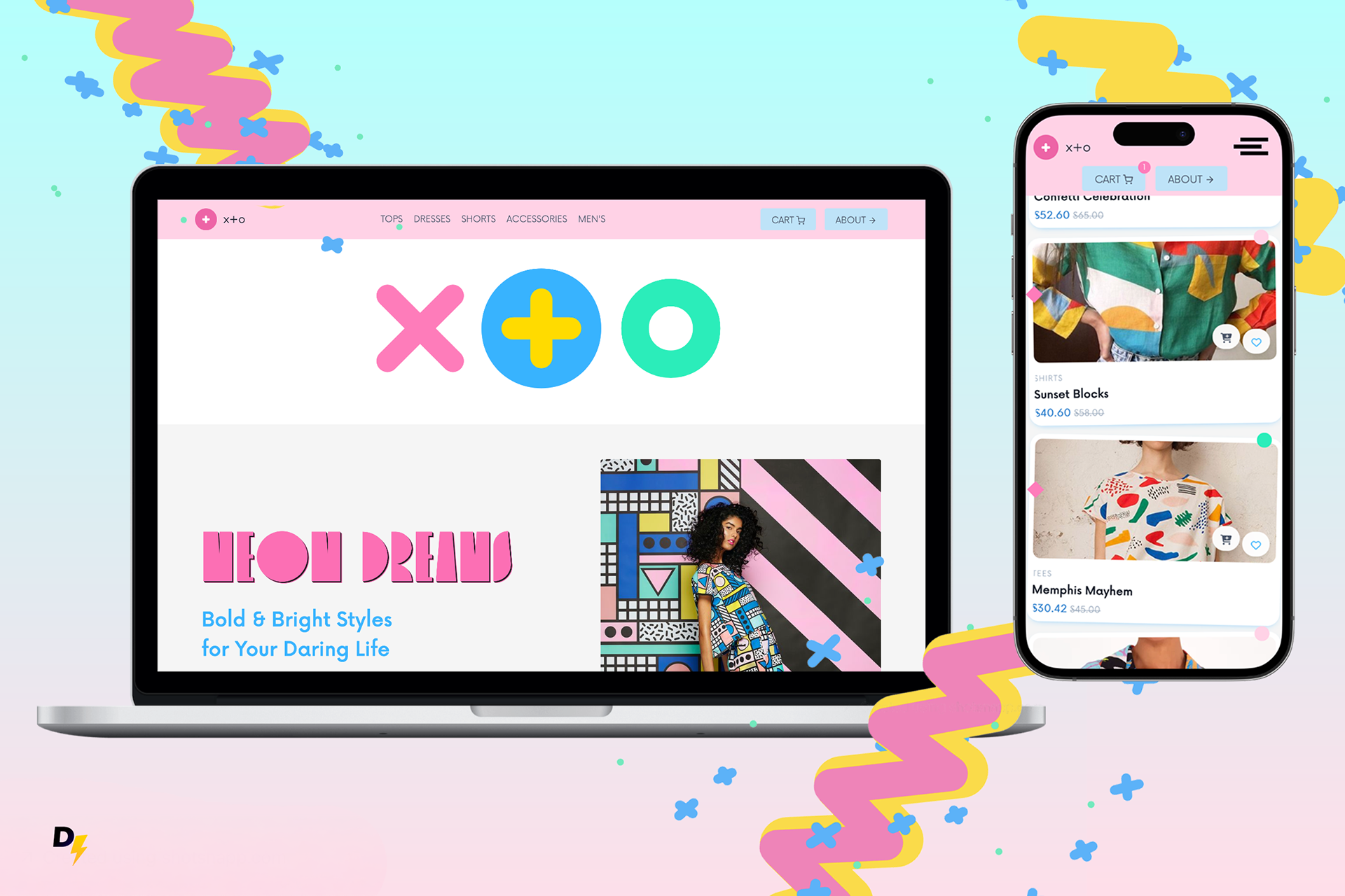 mocked screens with x+o's wild visual style
