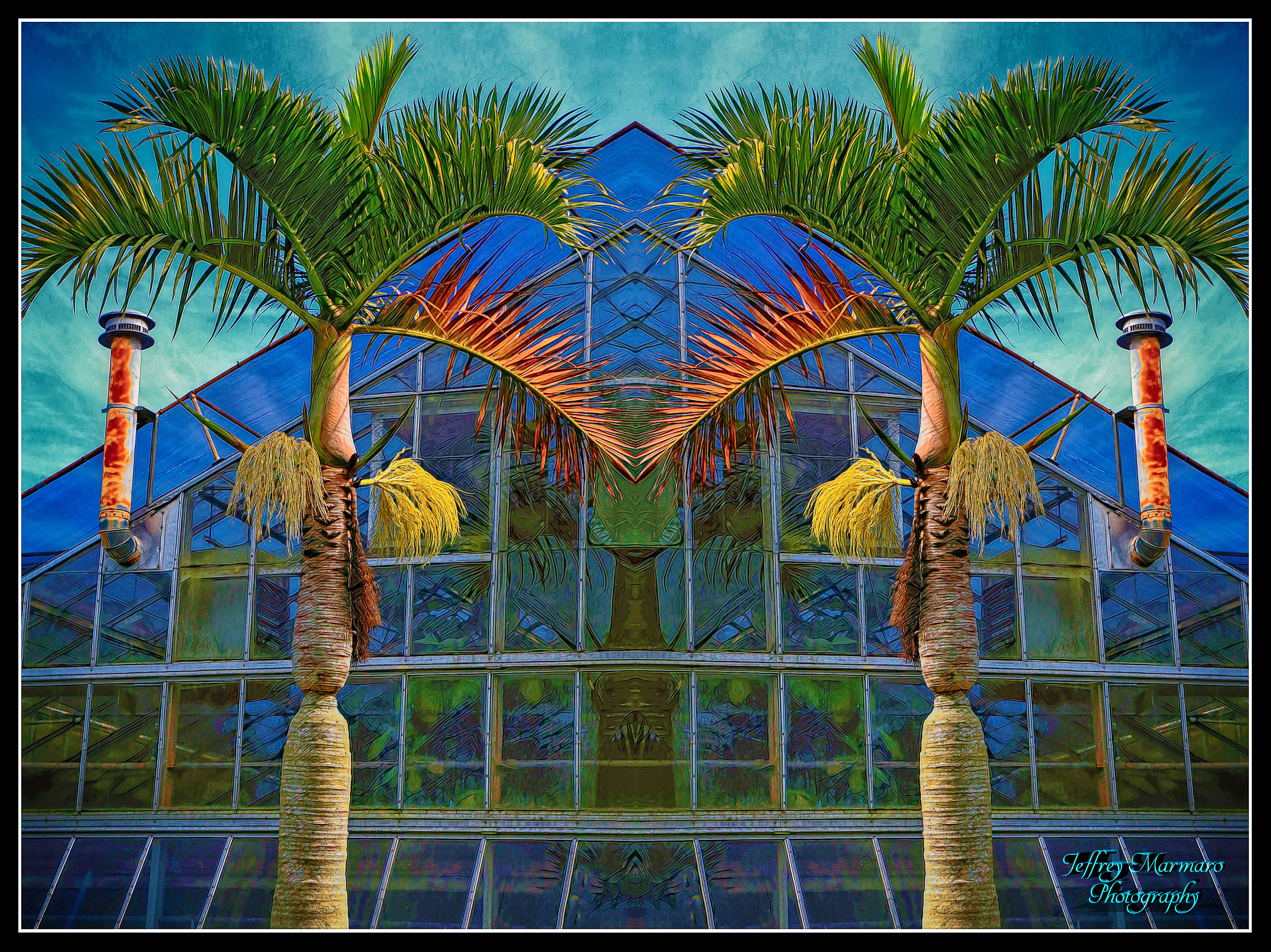 Composition with Steel, Glass and Two Palm Trees