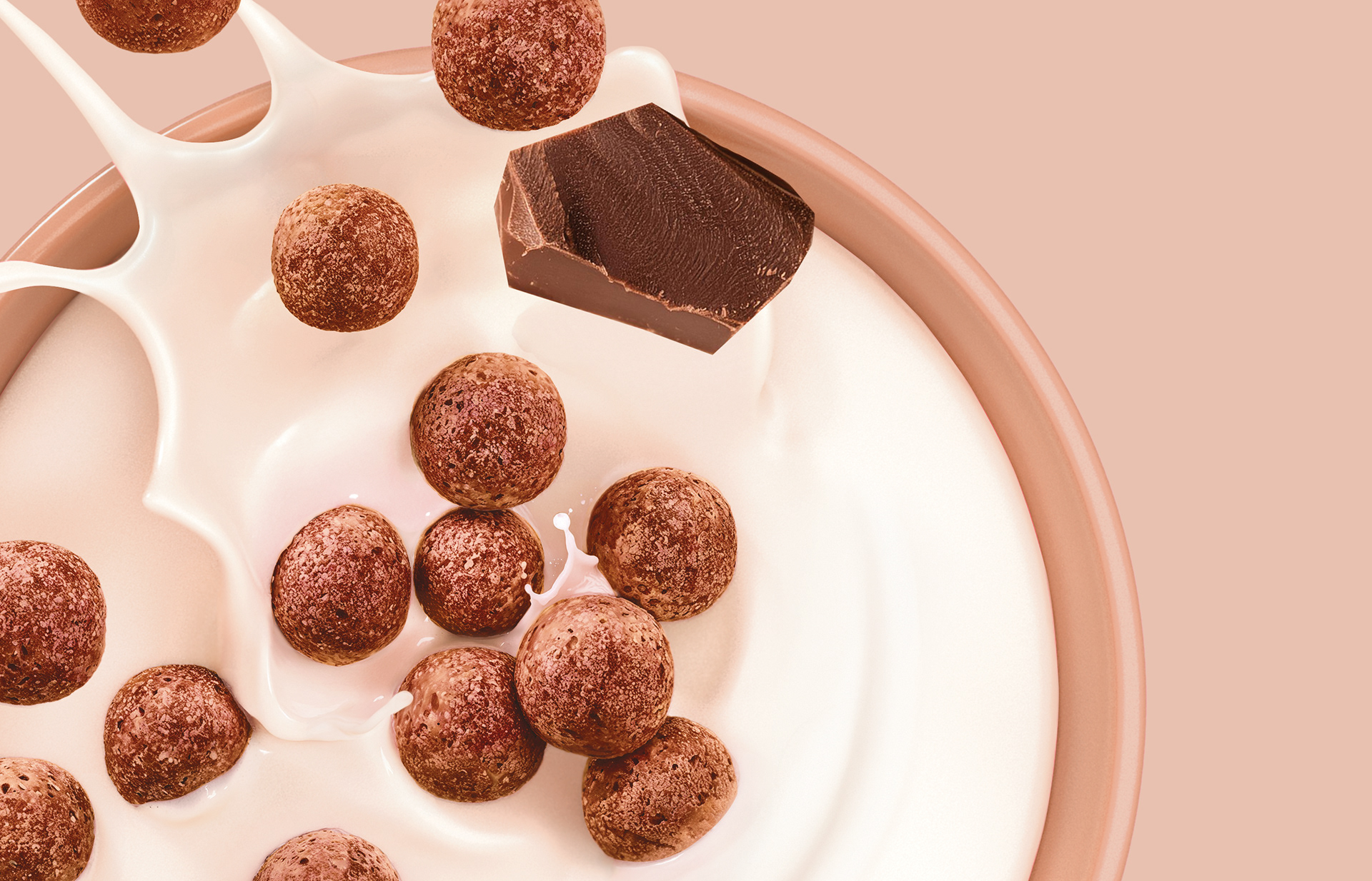 Photorealistic CGI cereal scene, dynamic milk splash, crunchy cereal balls, fresh berries, sharp micro details, soft studio lighting, clean background, premium packaging visual.
