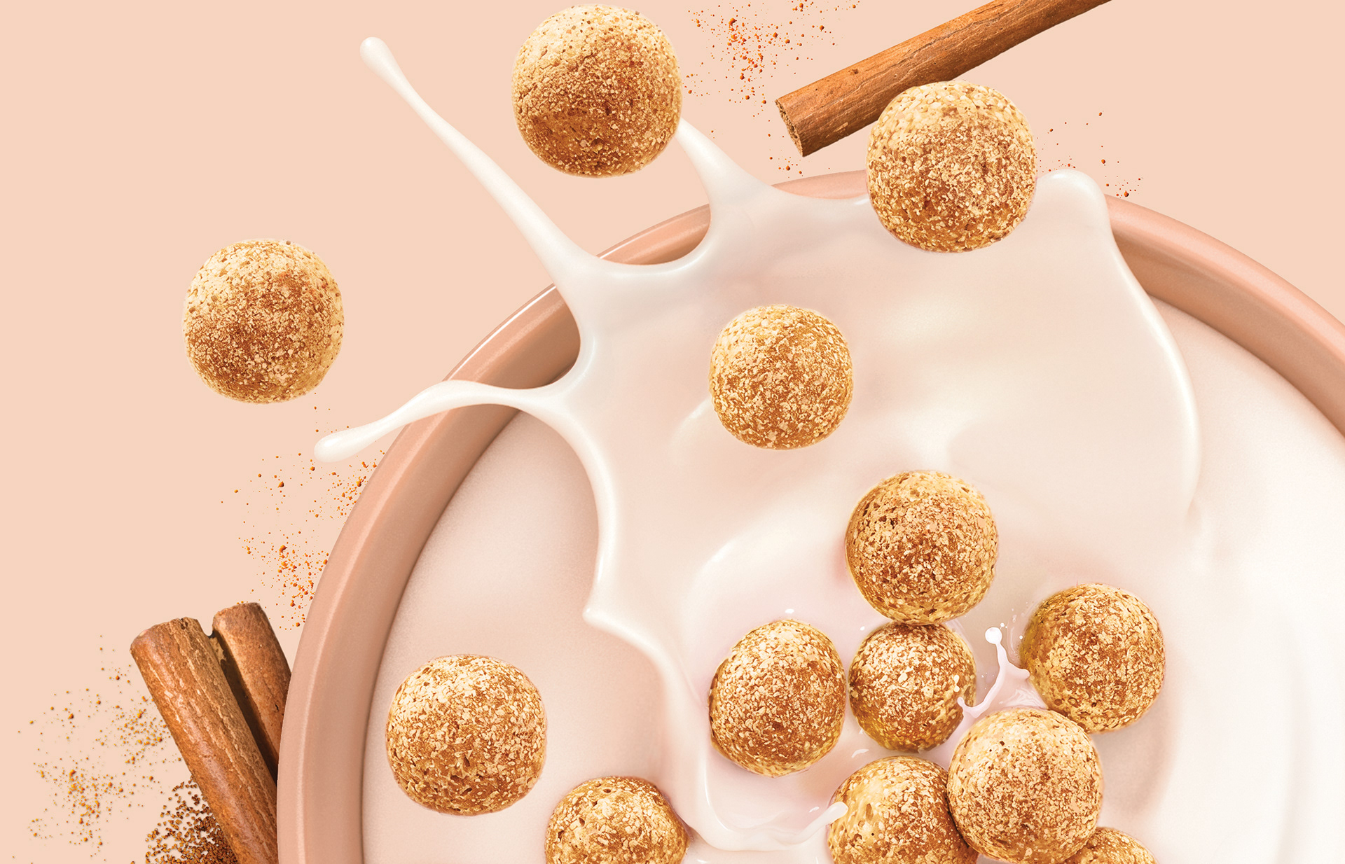 Photorealistic CGI cereal scene, dynamic milk splash, crunchy cereal balls, fresh berries, sharp micro details, soft studio lighting, clean background, premium packaging visual.
