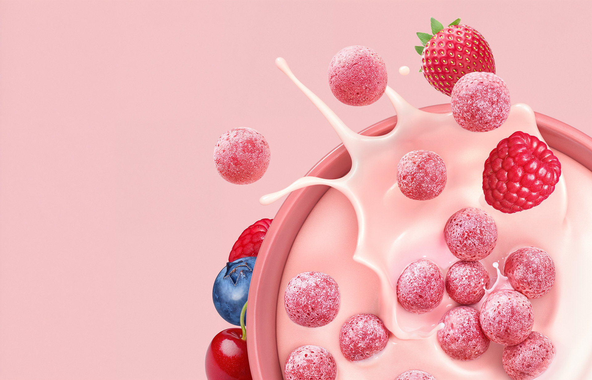 Photorealistic CGI cereal scene, dynamic milk splash, crunchy cereal balls, fresh berries, sharp micro details, soft studio lighting, clean background, premium packaging visual.