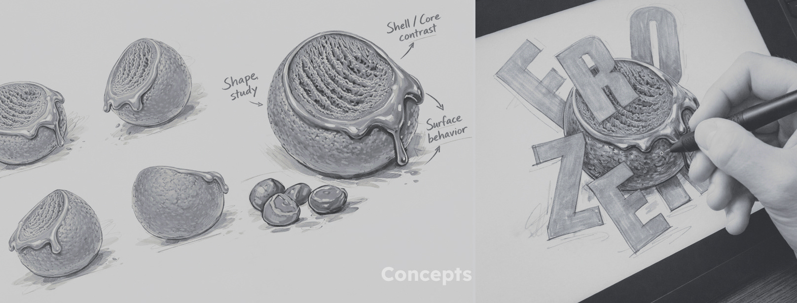 Photorealistic CGI ice cream balls, smooth chocolate shell, creamy filling visible, sharp micro details, soft studio lighting, clean background, premium food render.