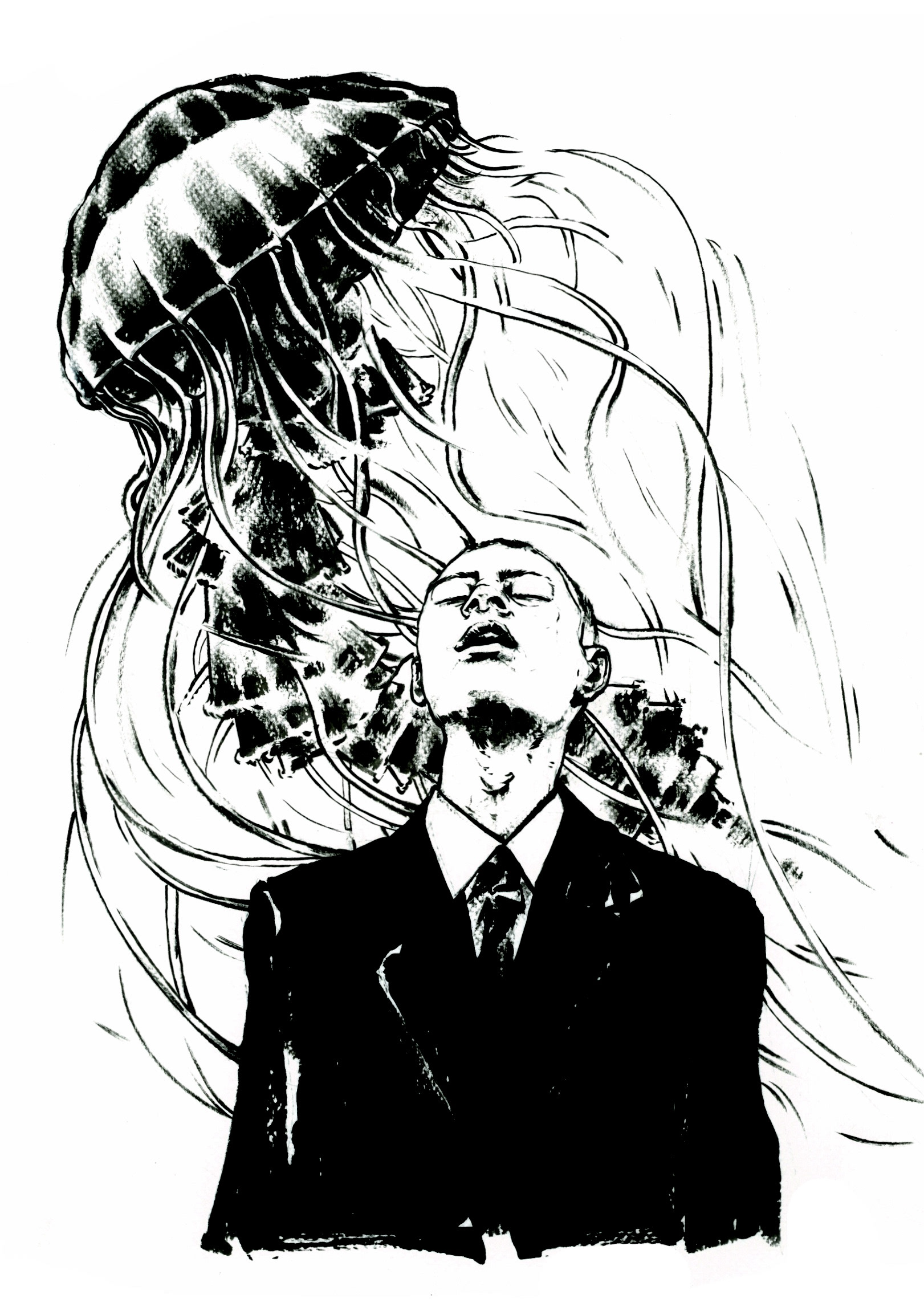 L’Homme et la Méduse  Projet personnel,  Encre de Chine,  2024