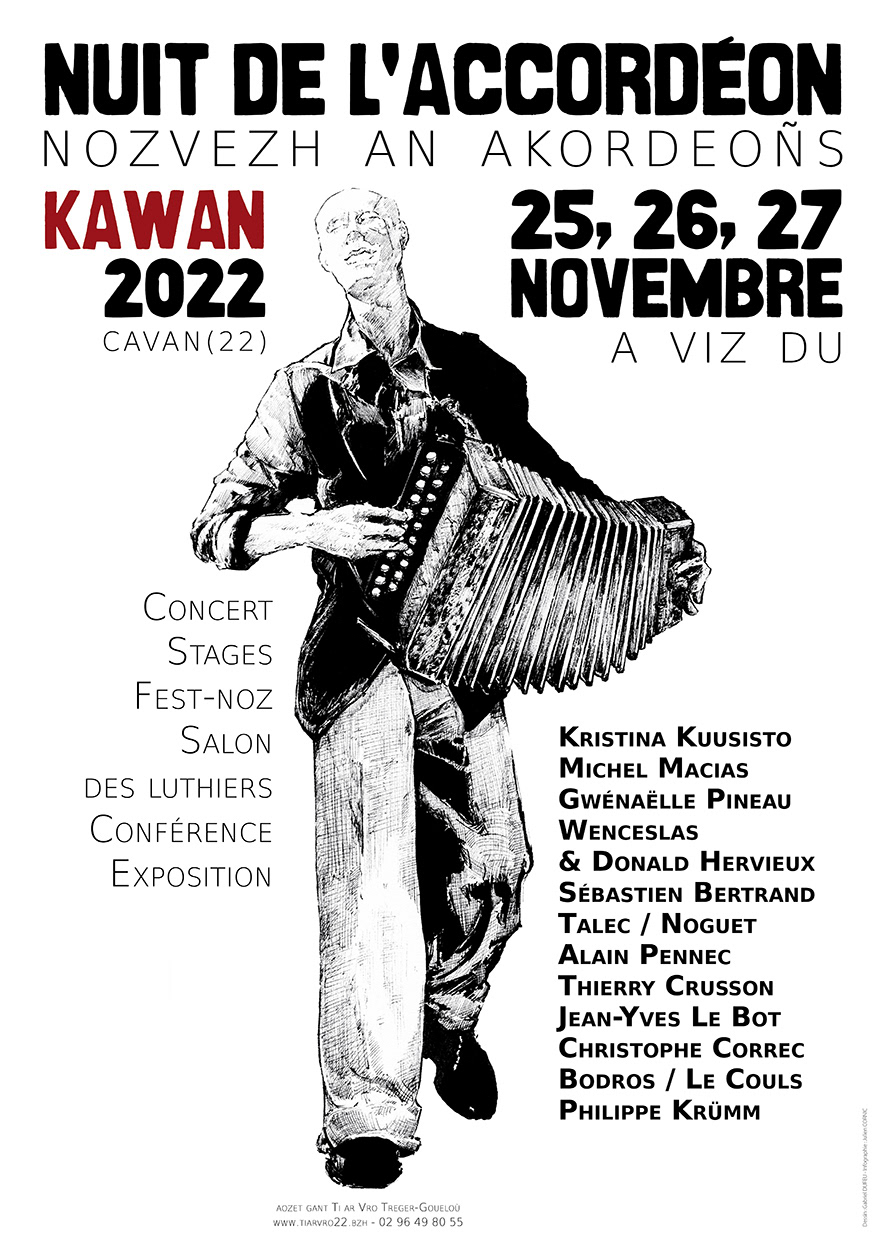 Affiche Nuit de l’Accordéon 2022   Encre de Chine, typographie et mise en page par Julien Cornic,