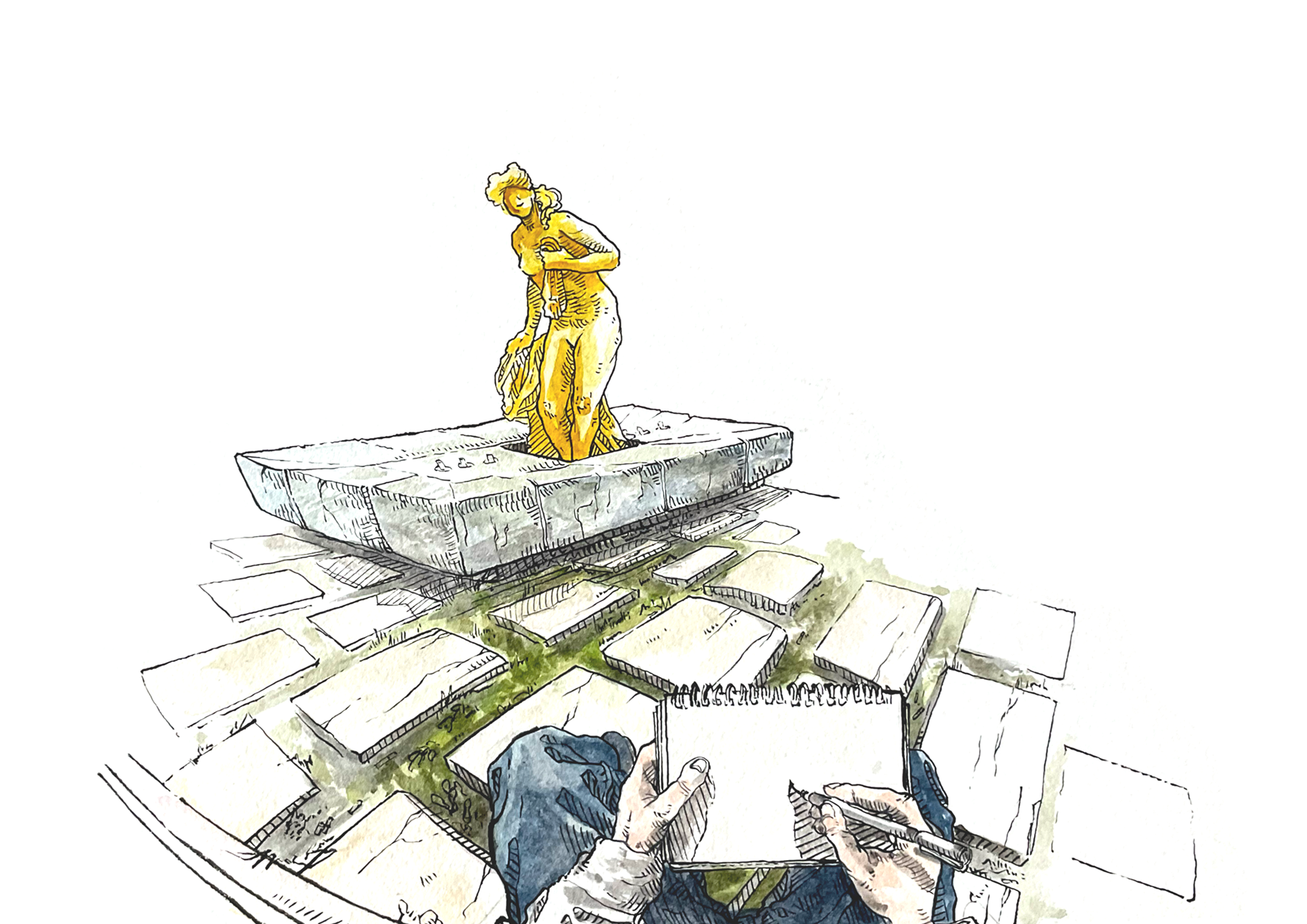 Place de Bretagne, Rennes  (Réalisé lors d’une sortie USK Rennes)  Projet personnel,  Aquarelle et encre de Chine,  2025