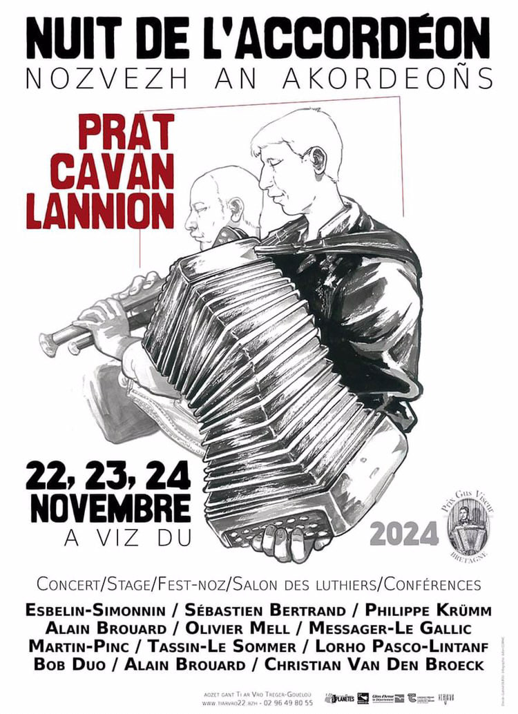 Affiche Nuit de l’Accordéon 2024   Encre de Chine, typographie et mise en page par Julien Cornic