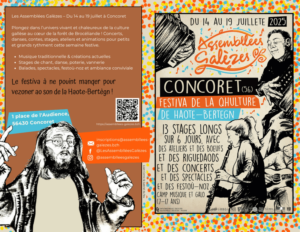 Dépliant, édition 2025 des Assembllées Galèzes   Encre de Chine, mis en page et typographie par Julien Cornic,  2025