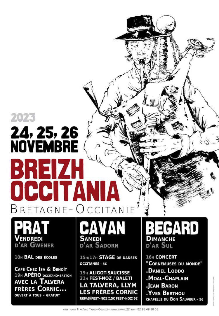Affiche Breizh Occitania 2023   Encre de Chine, typographie et mise en page par Julien Cornic,