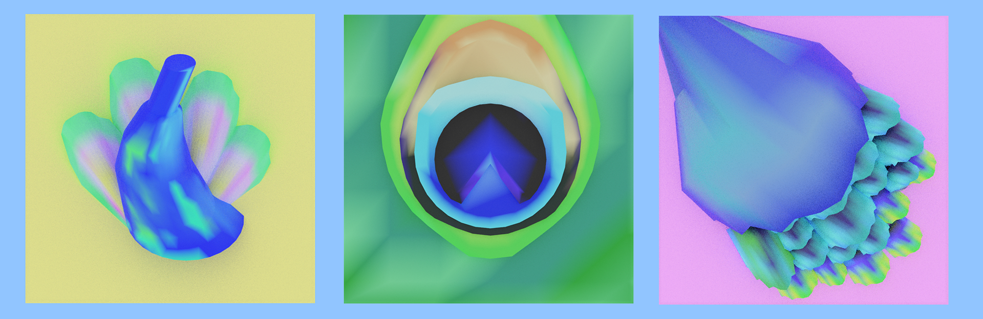 2D renditions of a peacock. Done using Vertex Coloring on 3D Objects in Blender