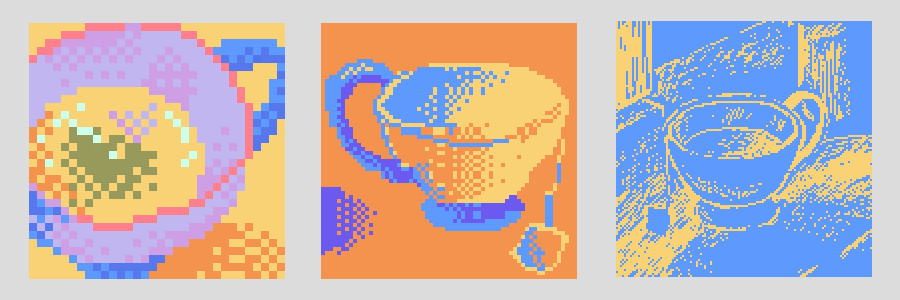 Pixel Tryptic of a Tea Cup, with increasing resolutions