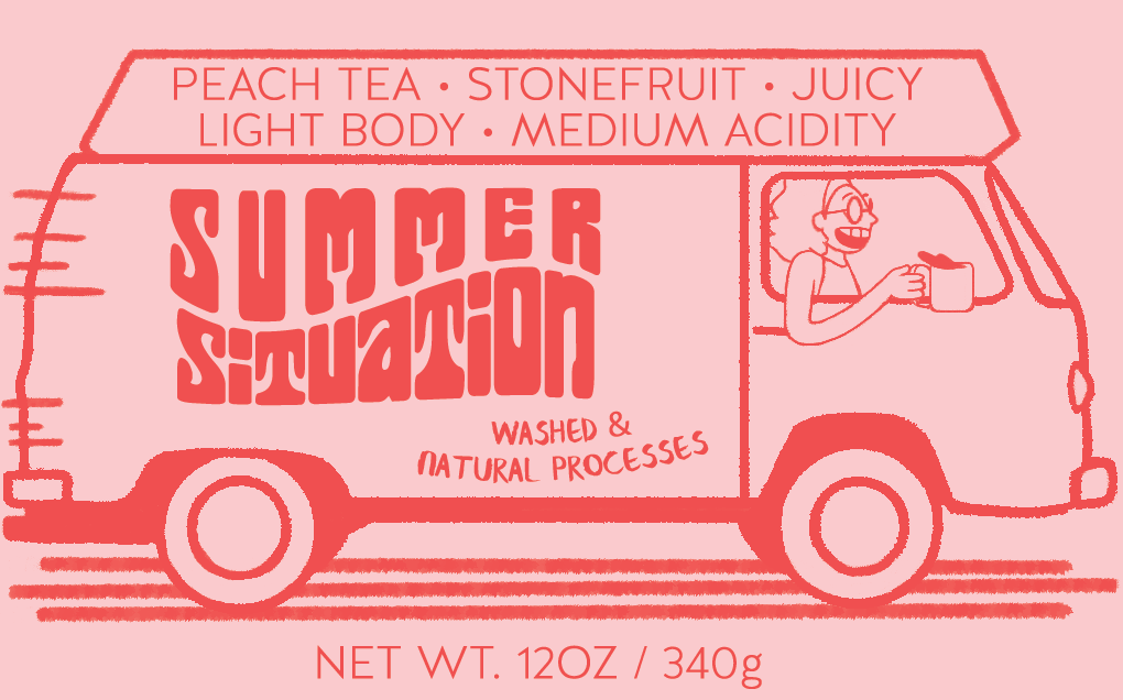 A label design for the seasonal summer blend reflecting the free-spirited feelings of summer. Pack up the van, grab your coffee, and hit the road!