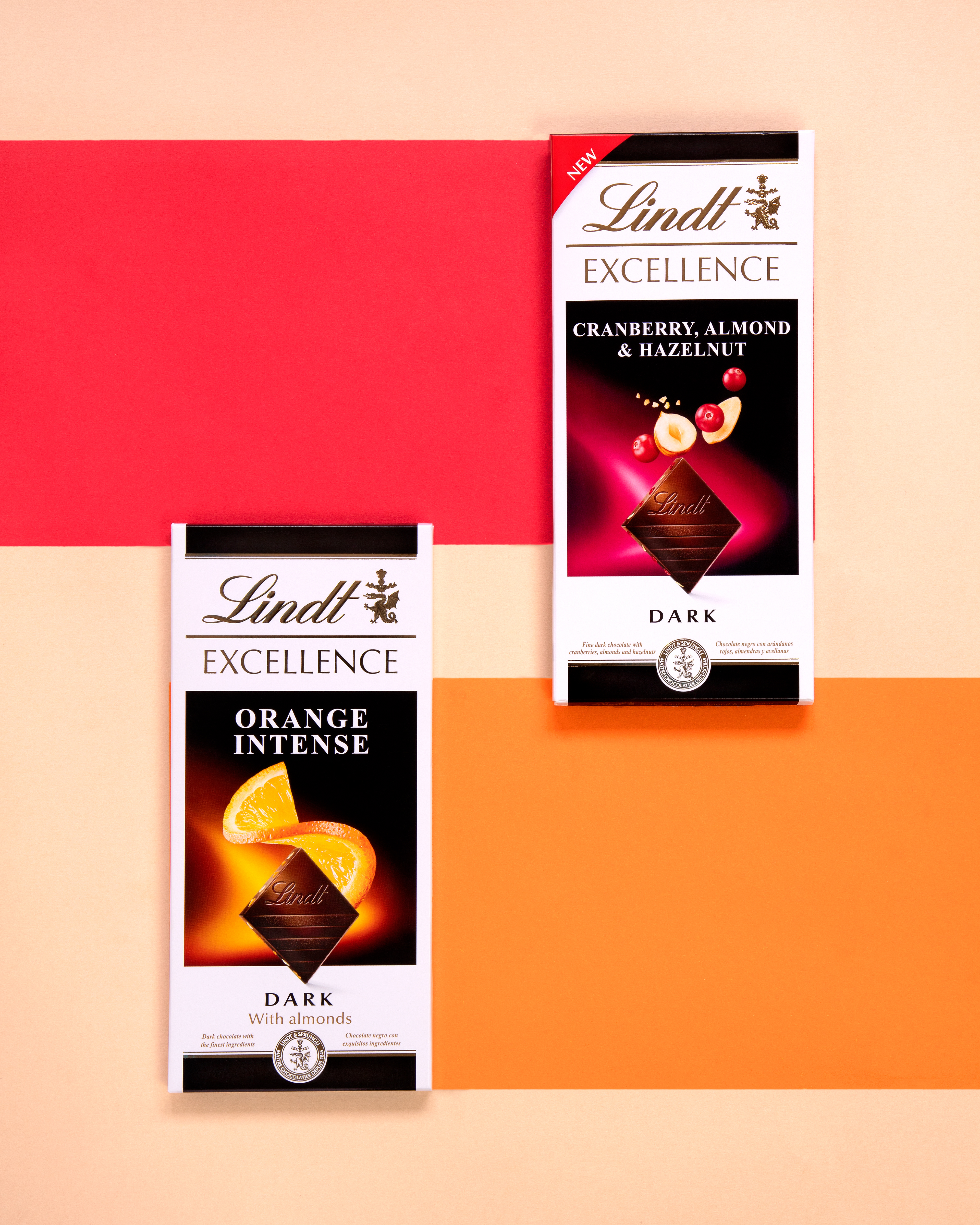 LINDT EXCELLENCE DARK CHOCOLATE; ORANGE INTENSE, AND CRANBERRY, HAZELNUT & ALMOND