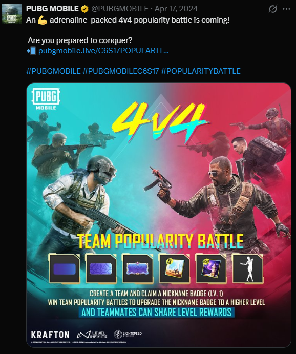 The goal with many of these posts were to be concise and let the image and the link do some of the lifting as well. We wanted to short intriguing copy as we knew we only had a short amount of time to engage the viewer. With everything going on with PUBG Mobile, concise copy worked better as up to 12 posts could go out a day across each platform.