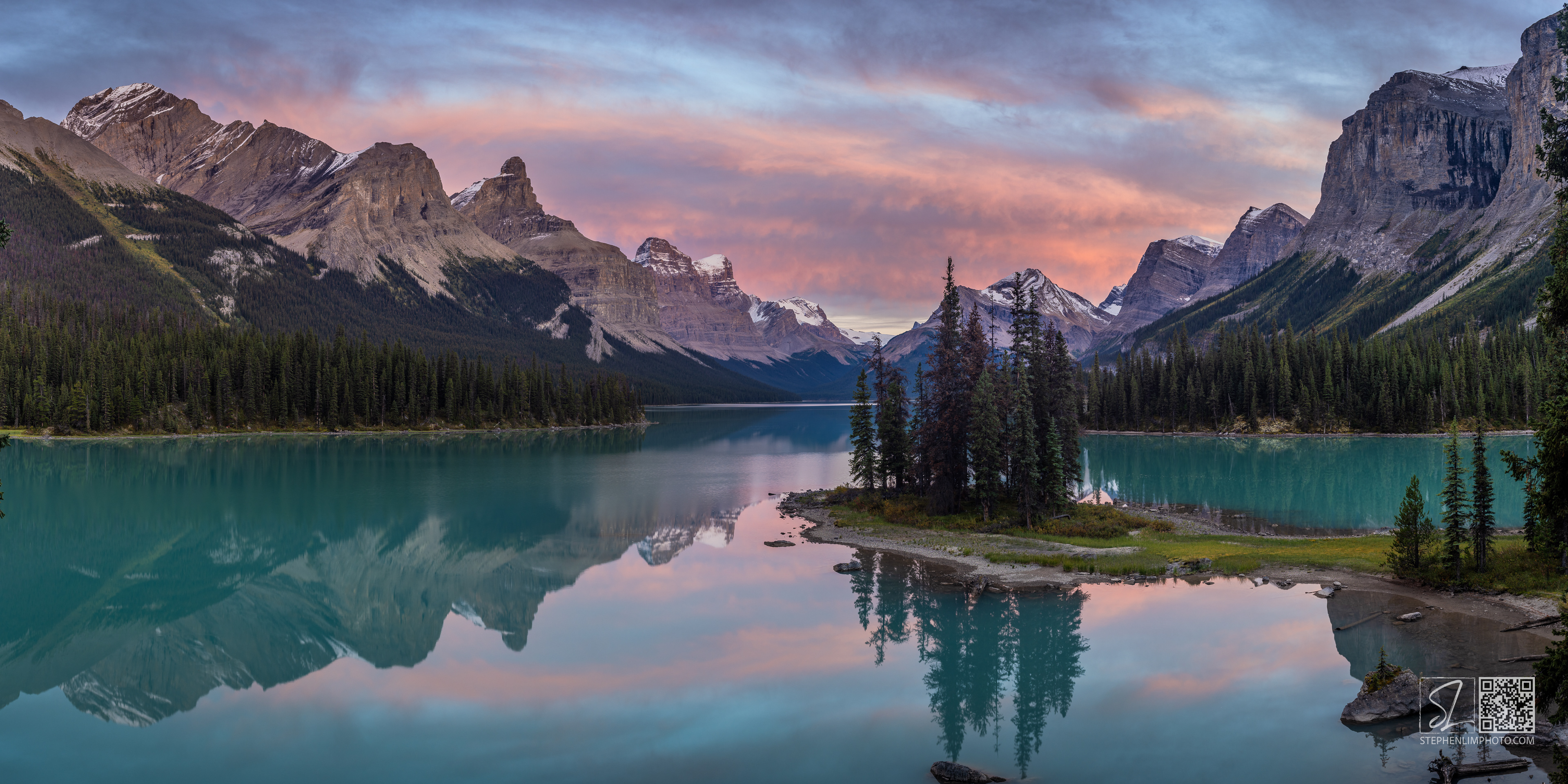 Quiet Spirit: Sunset at Maligne Lake over a still reflection of turquoise & pink