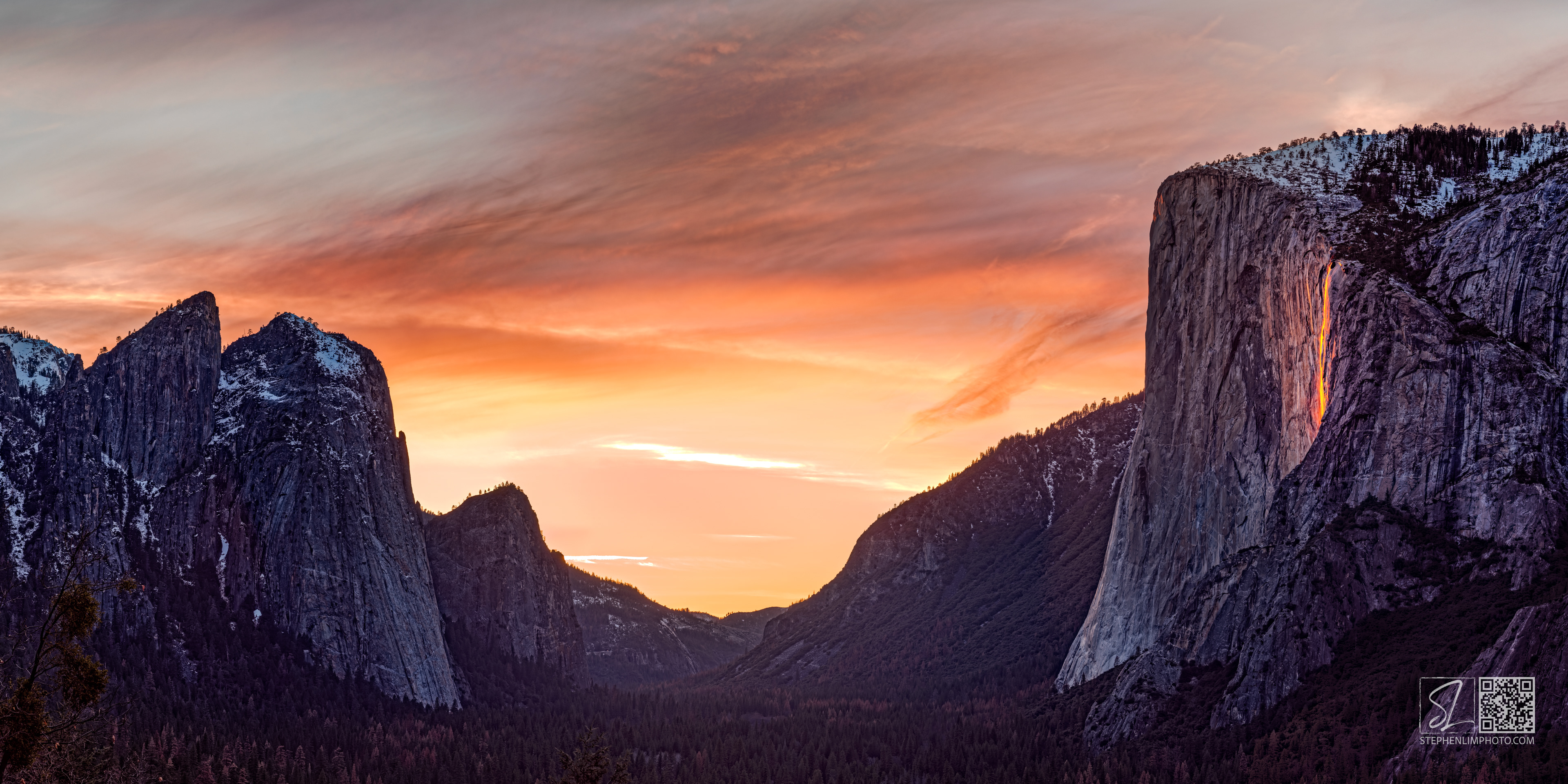 Yosemite Fire: Wide view of Yosemite Valley and the Firefall at sunset