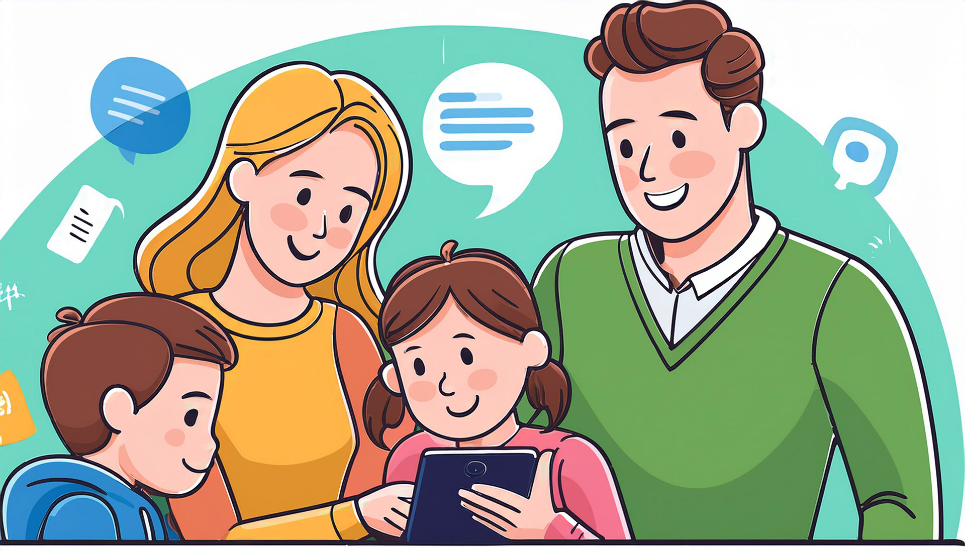 Illustration of a happy family; mom, dad, daughter and son, together looking at a tablet. Chat and messaging icons are around them.