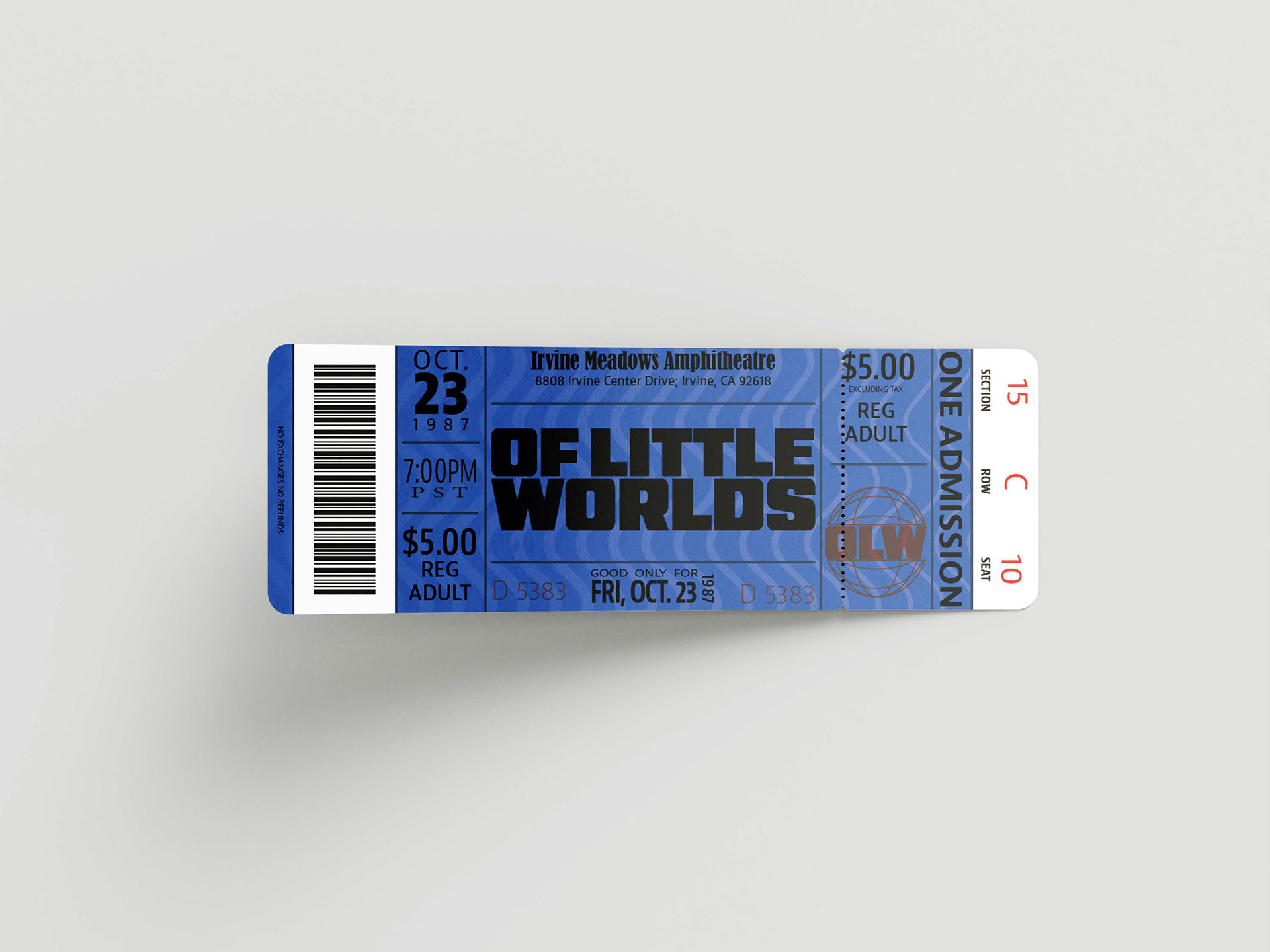 Of Little Worlds ticket. 4.5 in x 1.5 in. Photoshop, Illustrator. September 2024 Ticket for Of Little Worlds’ Blue Planet tour.