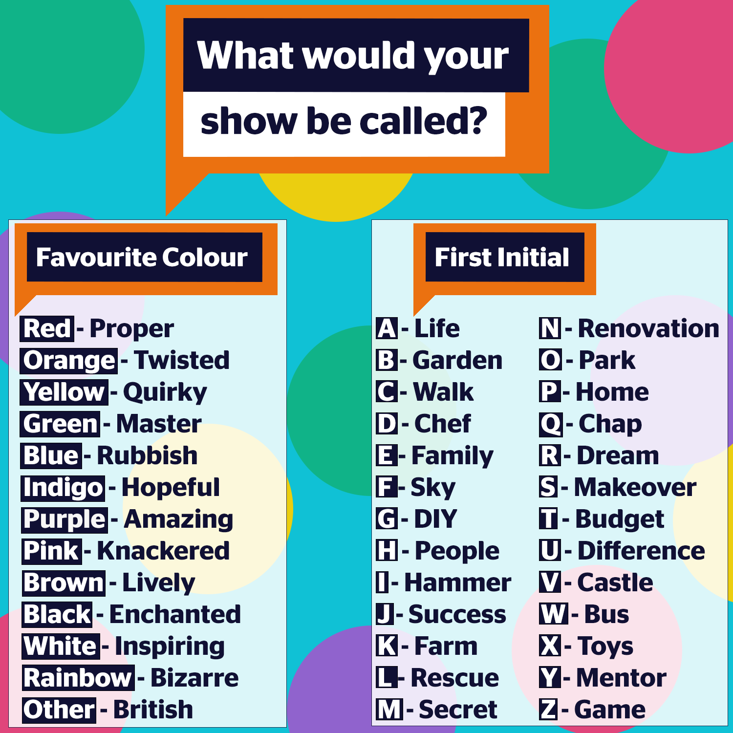 What would you name a television show? Use our generator to help you out! First, choose your favourite colour and get your first word. Then, find the first initial of your first name and combine the two words. Comment your final answer below! #game #namegenerator #togetherTV