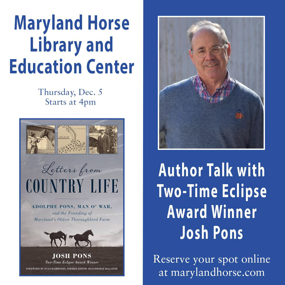 In just three weeks, the Library will be hosting award-winning author and horseman Josh Pons! He will be speaking about his newest book, Letters from Country Life. Sign up now at the link in our bio! #authortalk #marylandhorse #joshpons #freeevent