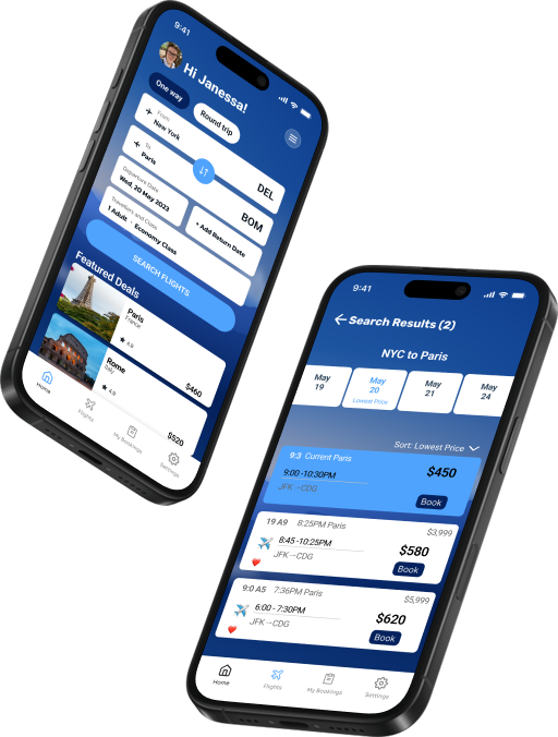 Home and Search Screen of Flightly