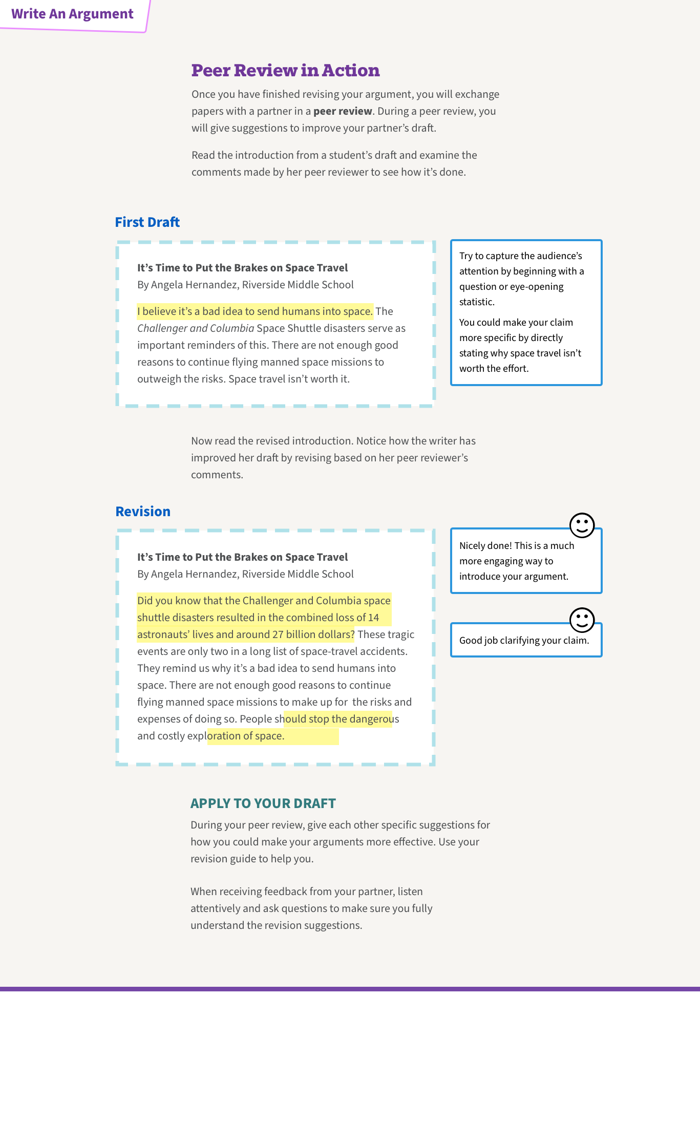 Colour and styles to differ example text from instructional