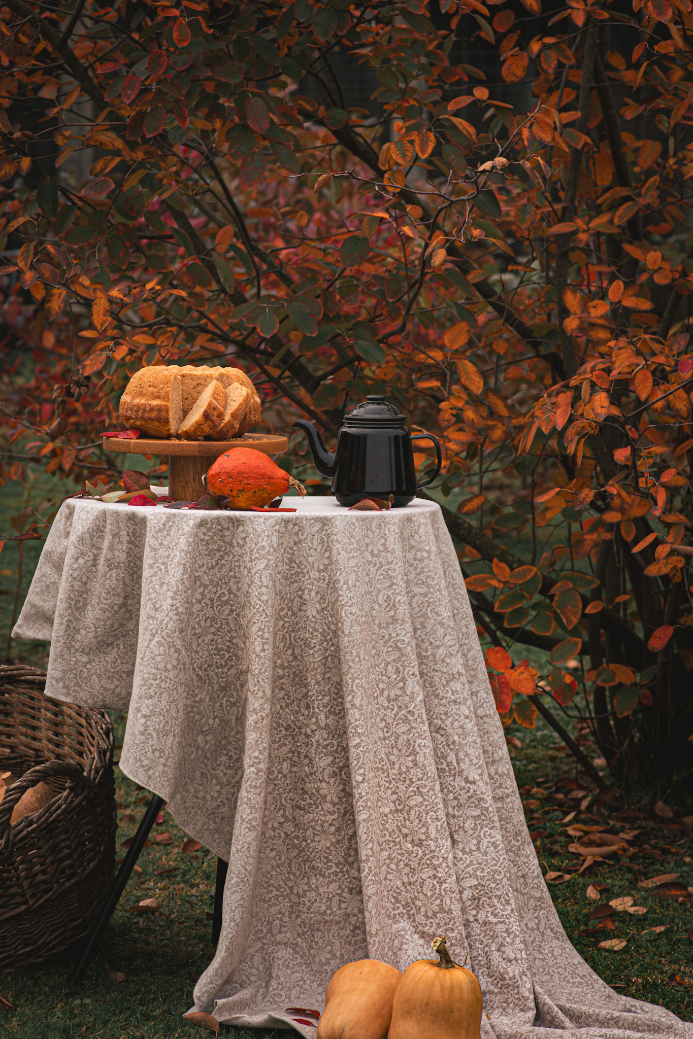 apple pound cake, pumpkins, black teapot on the table with vintage table cloth and fall trees in the background