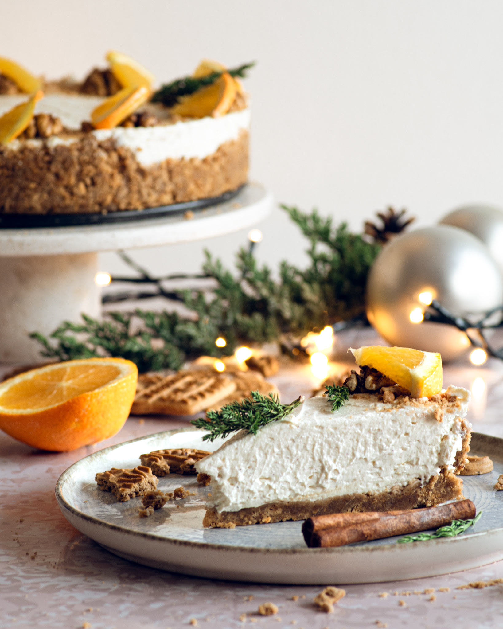Christmas cheesecake with orange and decorations