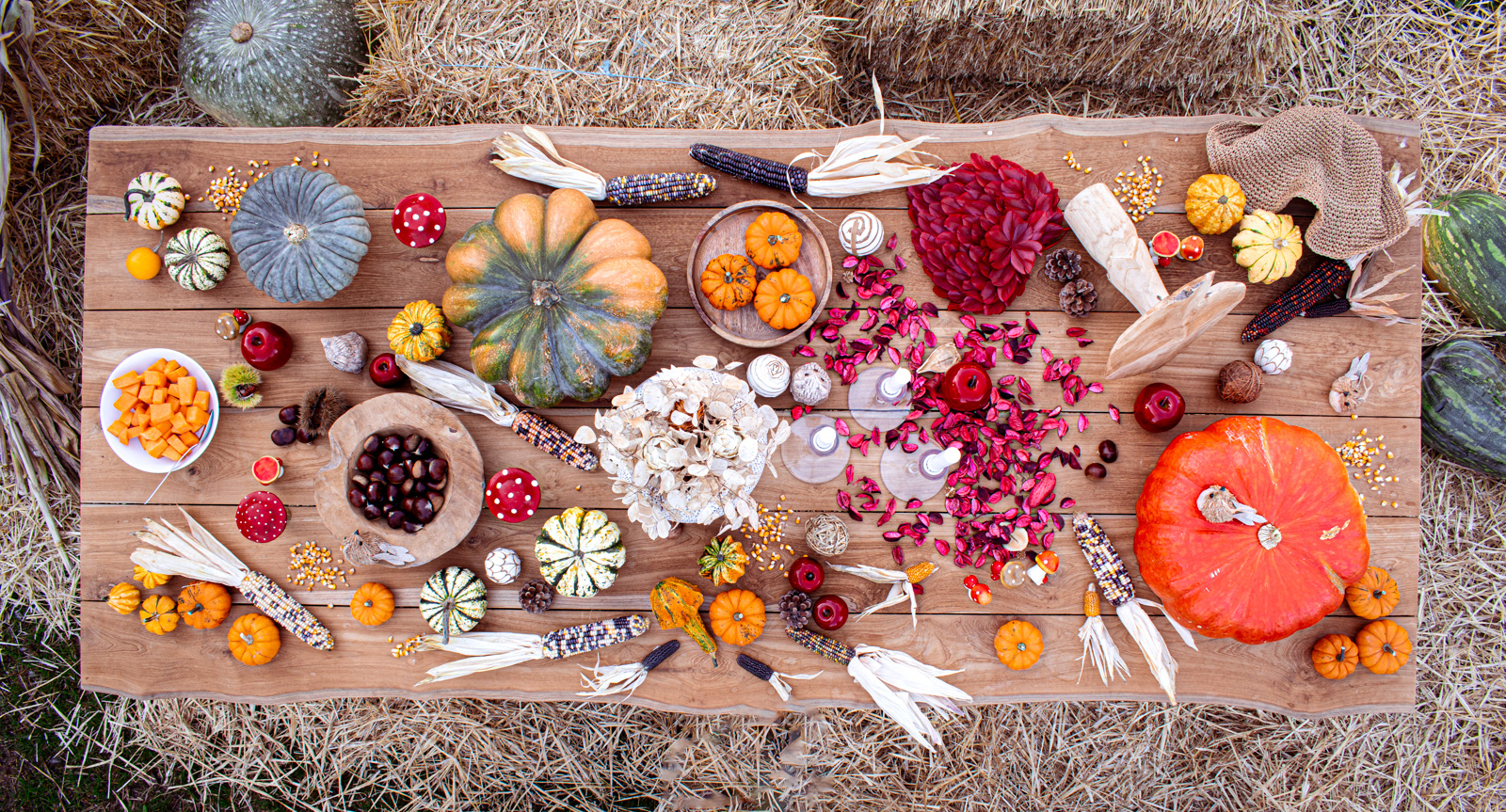 Fall table from the top with pumpkins, corn, mushrooms and other fall decorations