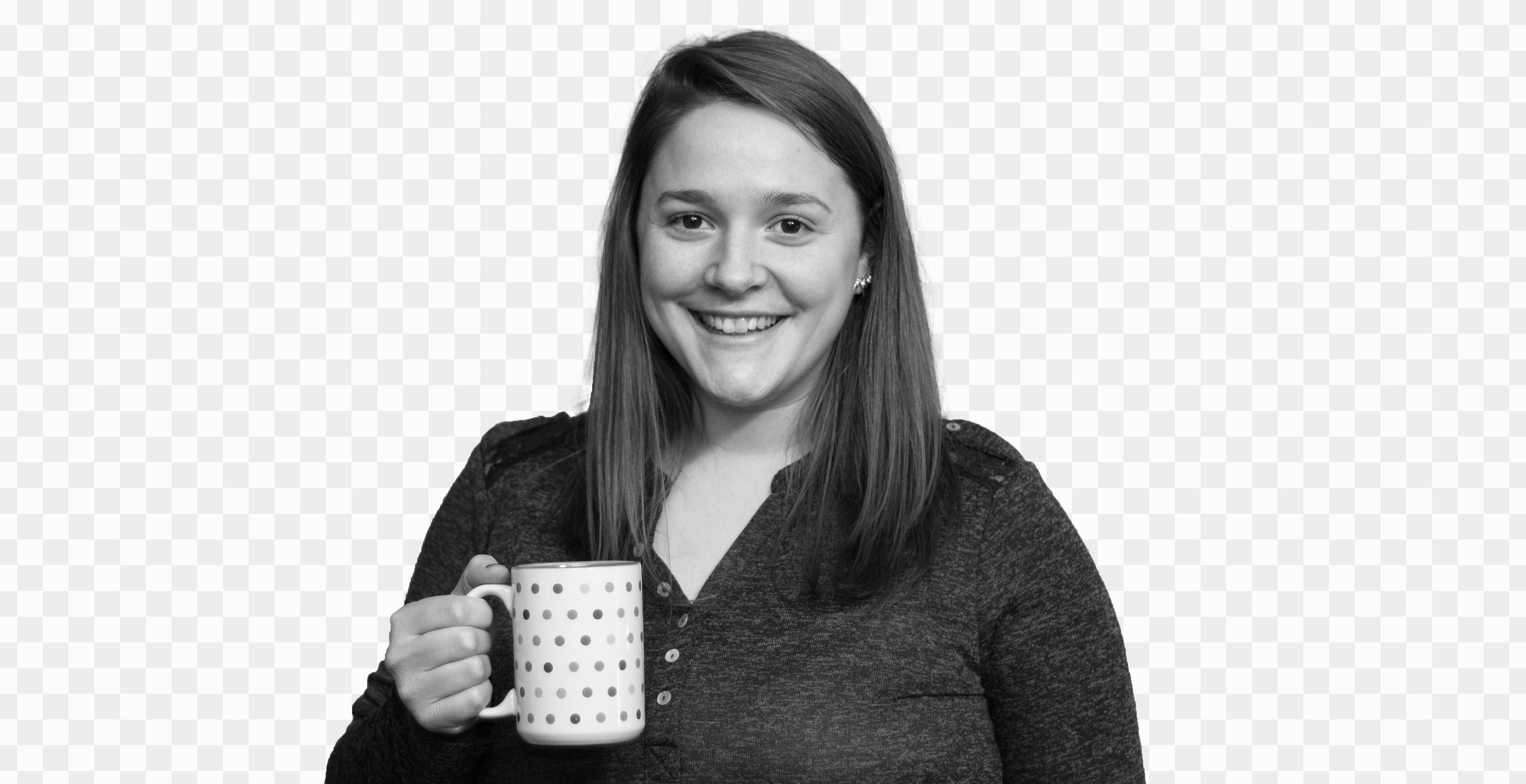 Headshot of Paige Winkler holding a cup of coffee with checkered background.