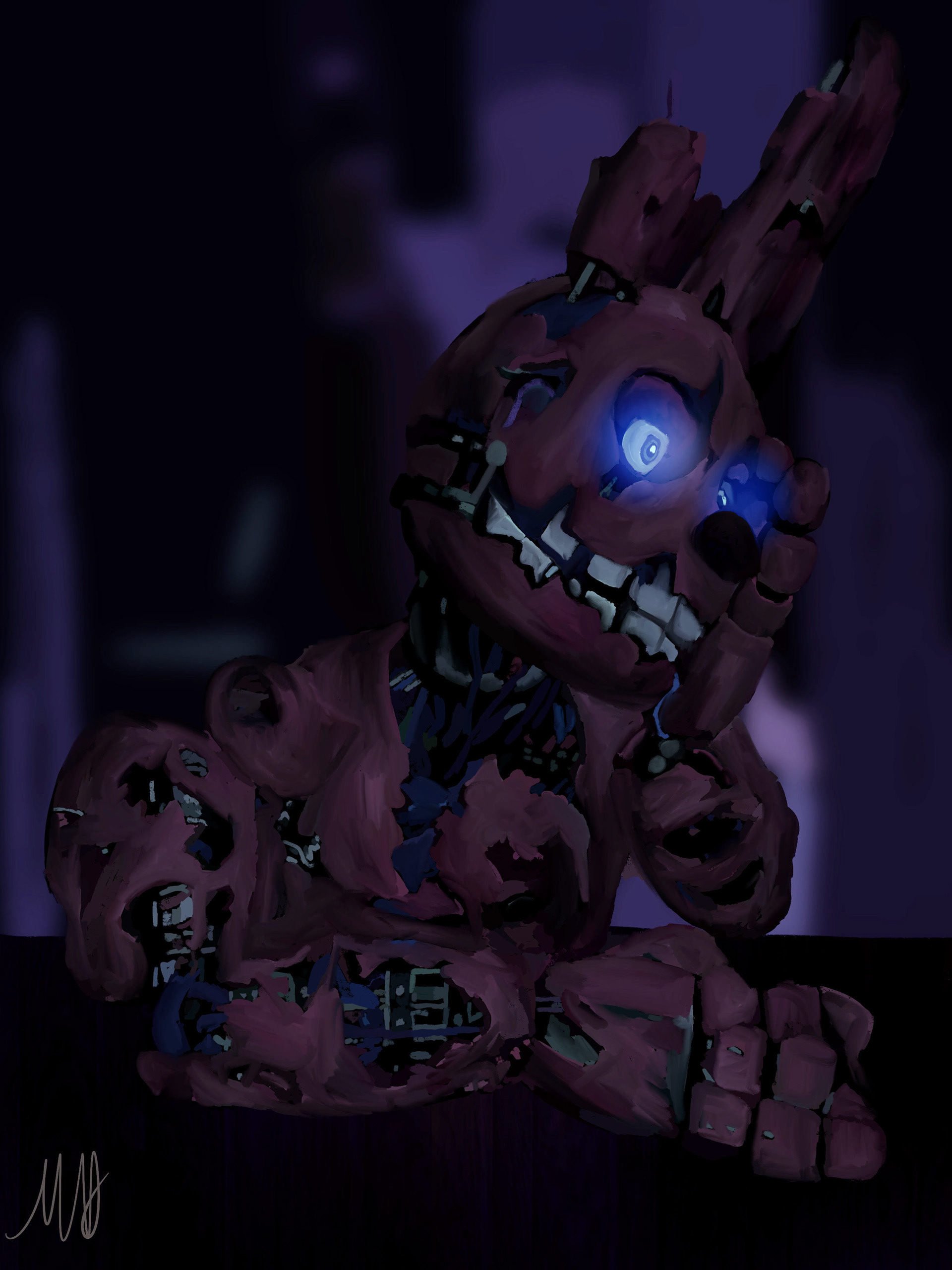 Springtrap from Five Nights at Freddy's looking into the distance.