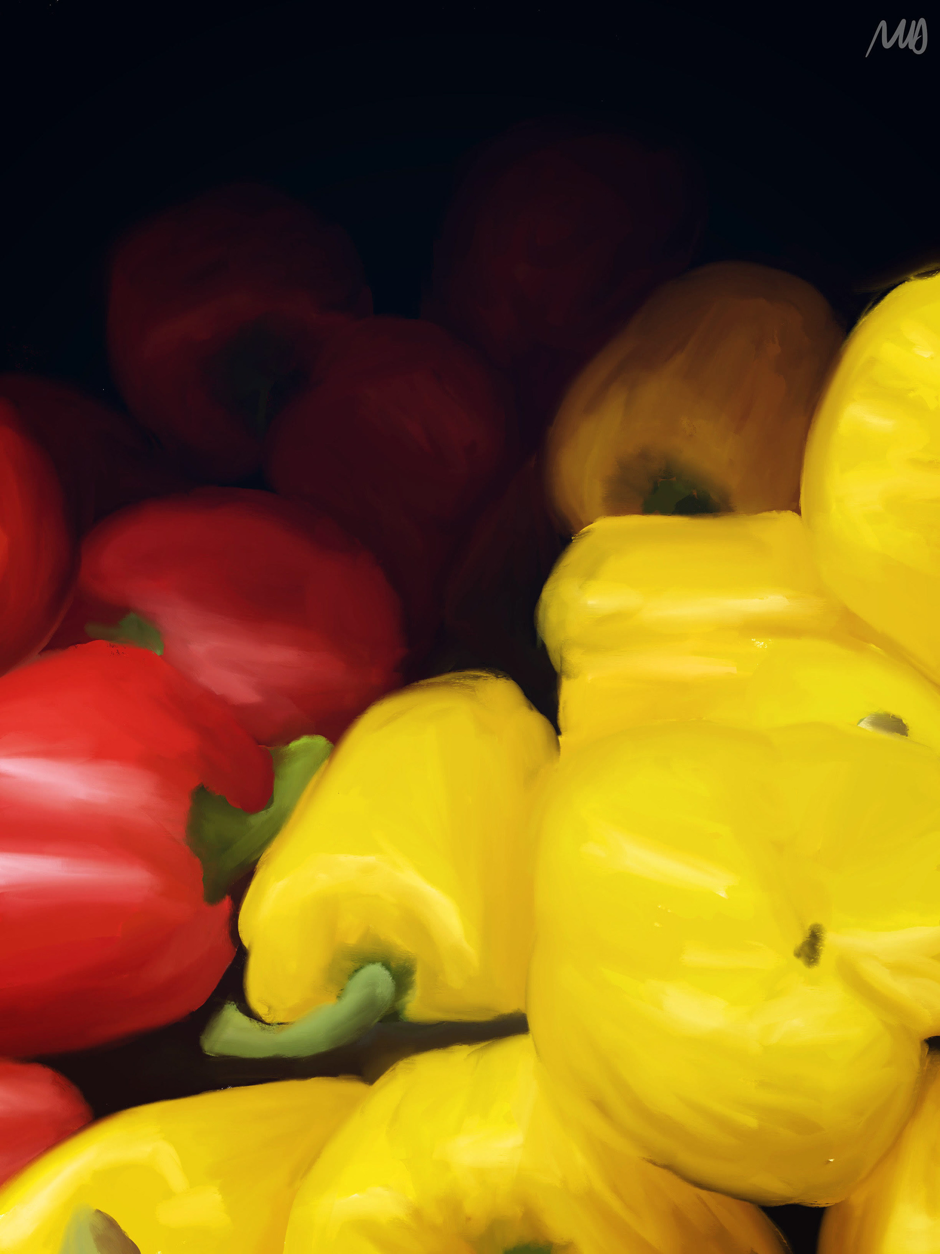 A still life painting of bell peppers.