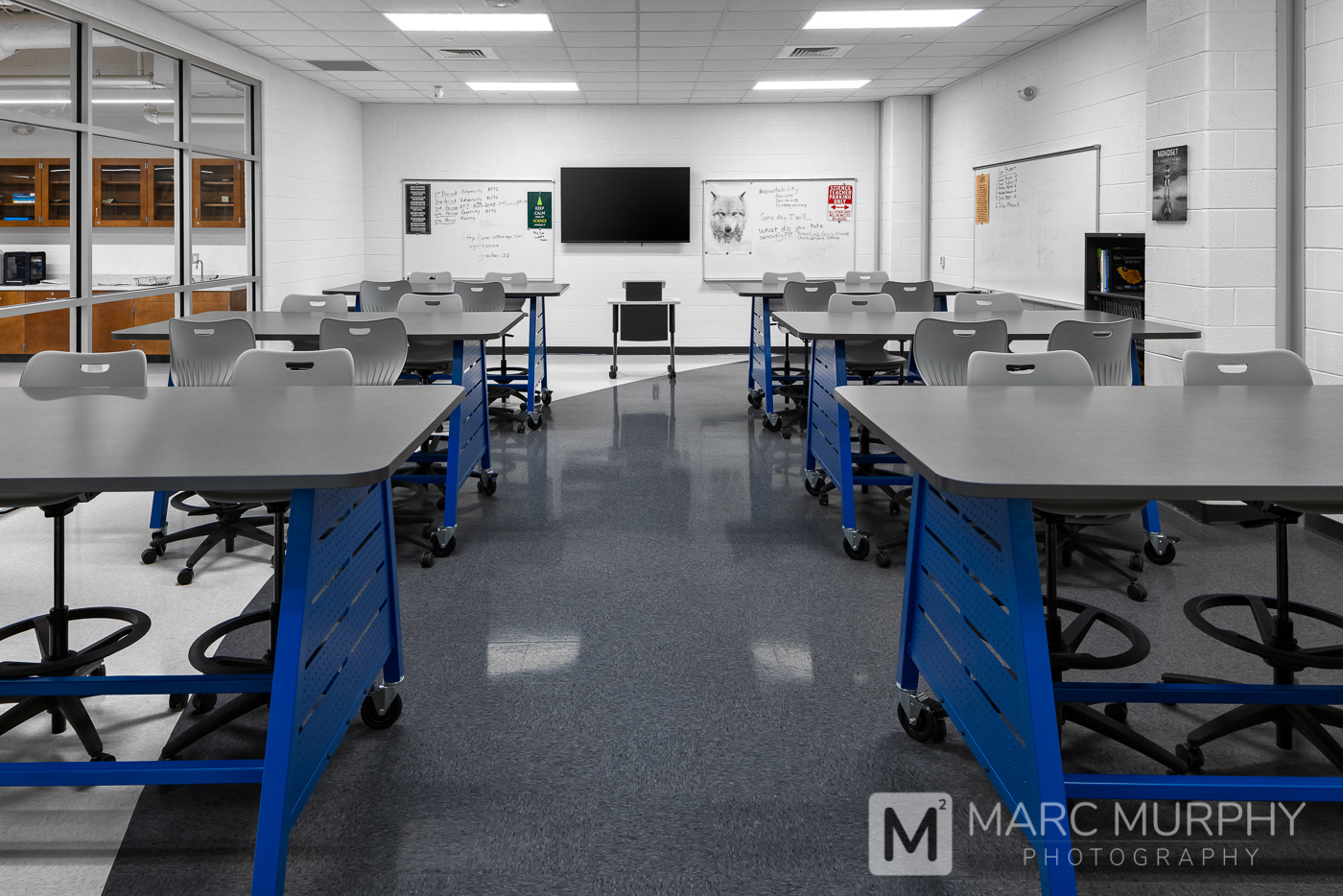 West Ridge High School Classroom Flex lab with desks, chairs, podium and TV