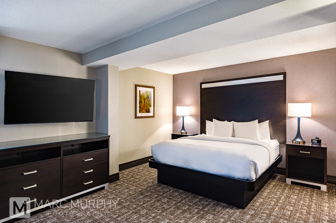 Double Tree by Hilton Johnson City Hotel Bedroom With Bed, Lamps and Flat Screen TV Television
