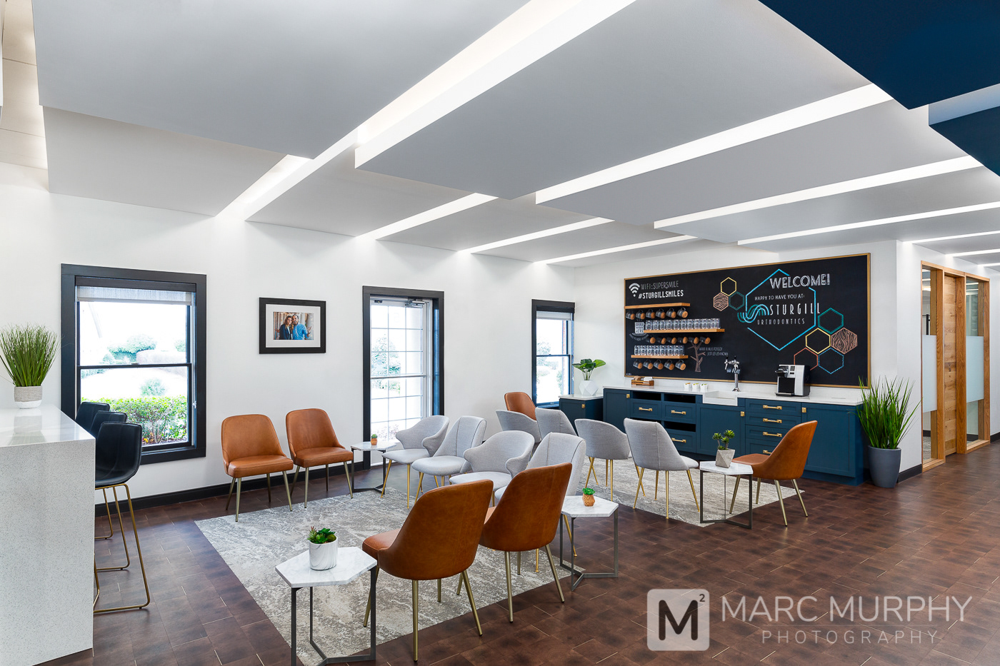 Sturgill Orthodontics Office Waiting Room Reception Area with Receptionist Desk, Seating and Coffee Bar