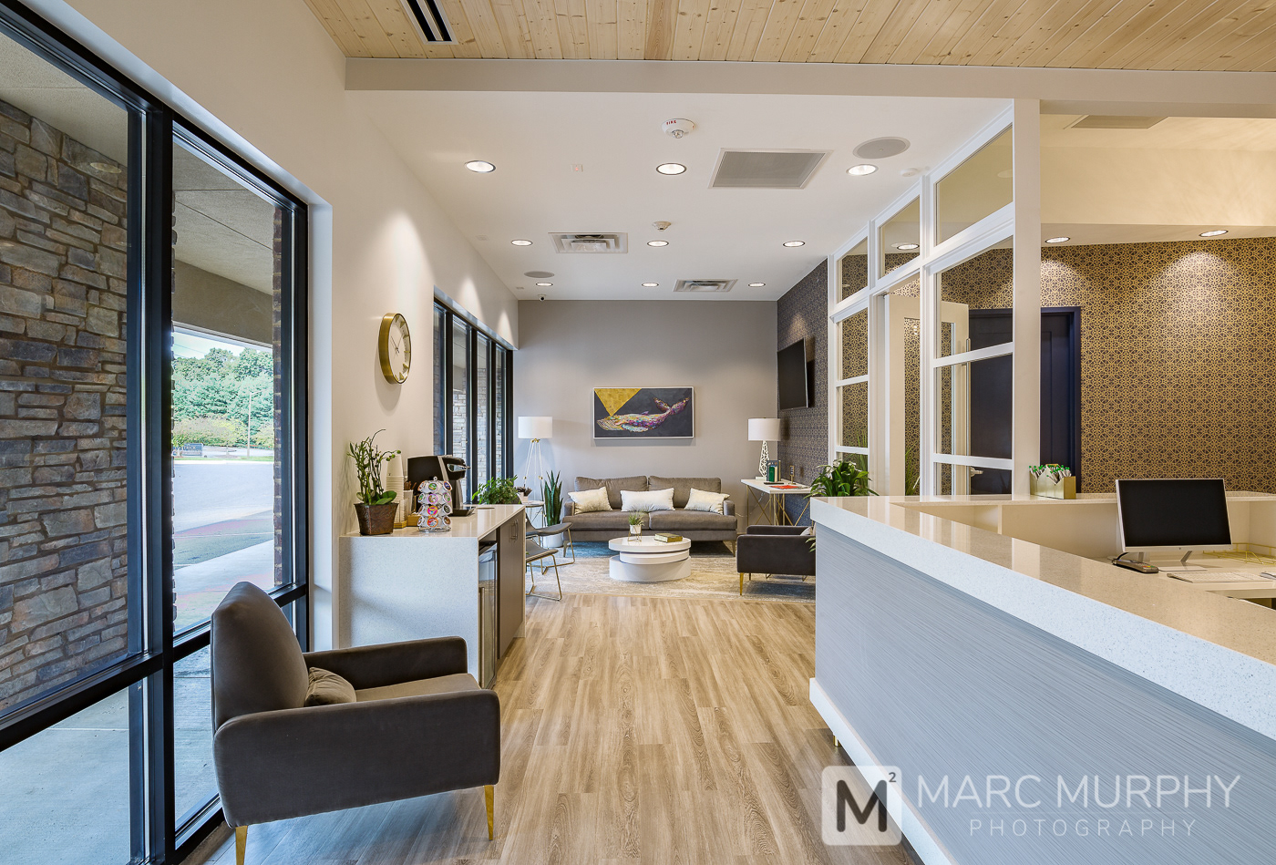 Sturgill Endodontics Office Waiting Room Reception Area with Receptionist Desk, Seating and Coffee Bar