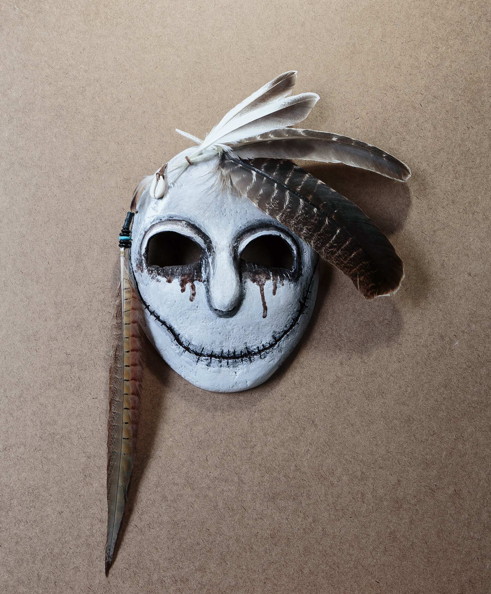 Spirit Mask, Papier-mâché, Acrylic, Feathers, Leather, Shell, wooden beads