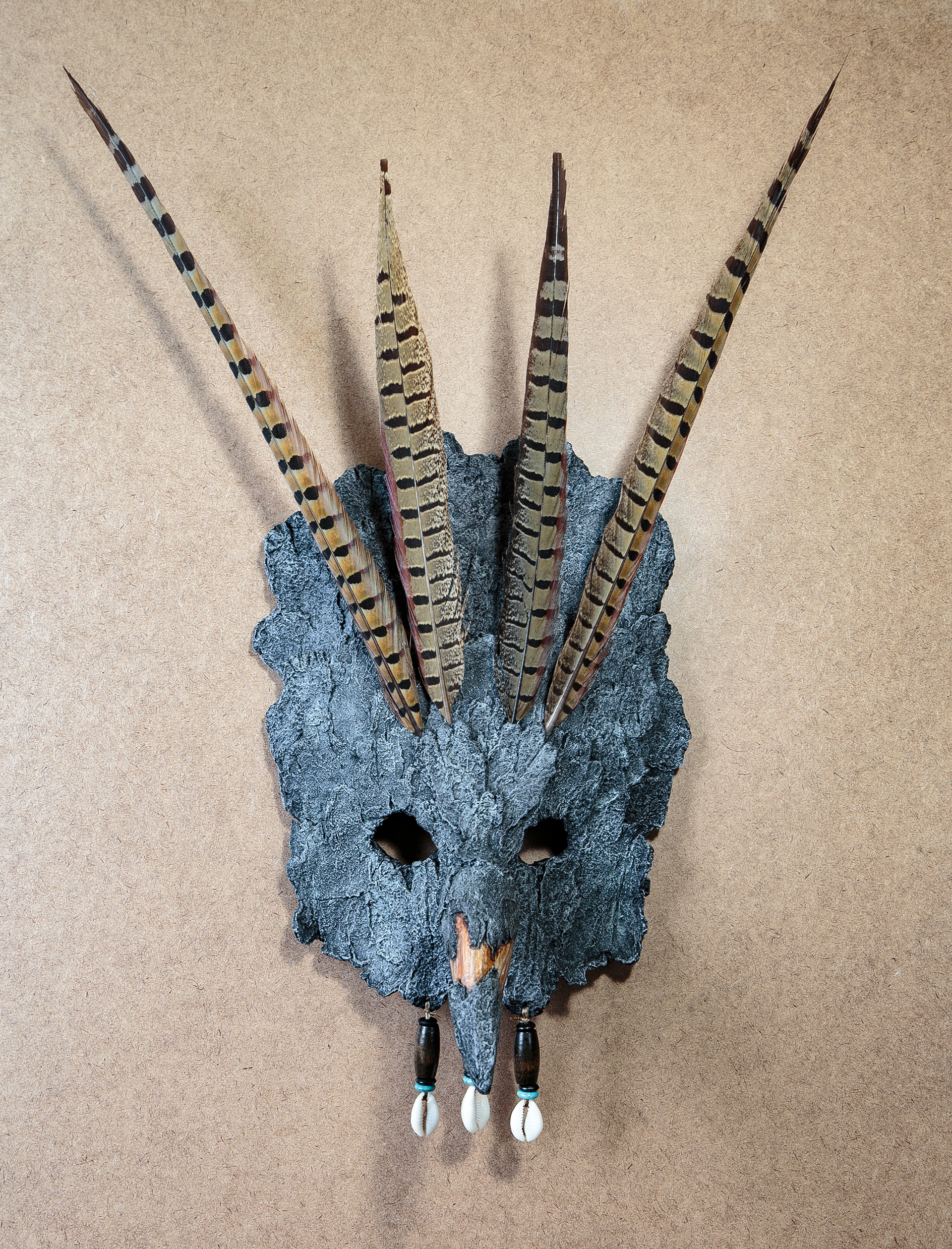 Thunderbird Mask, Papier-mâché, Acrylic, Feathers, Shell, Wooden Beads
