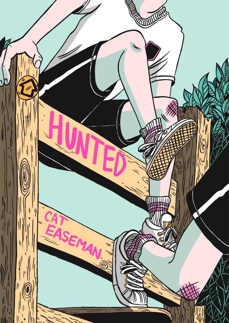 Cover image of the comic Hunted by Cat  Easeman, featuring two unknown figures in sportswear vault over a wooden style.