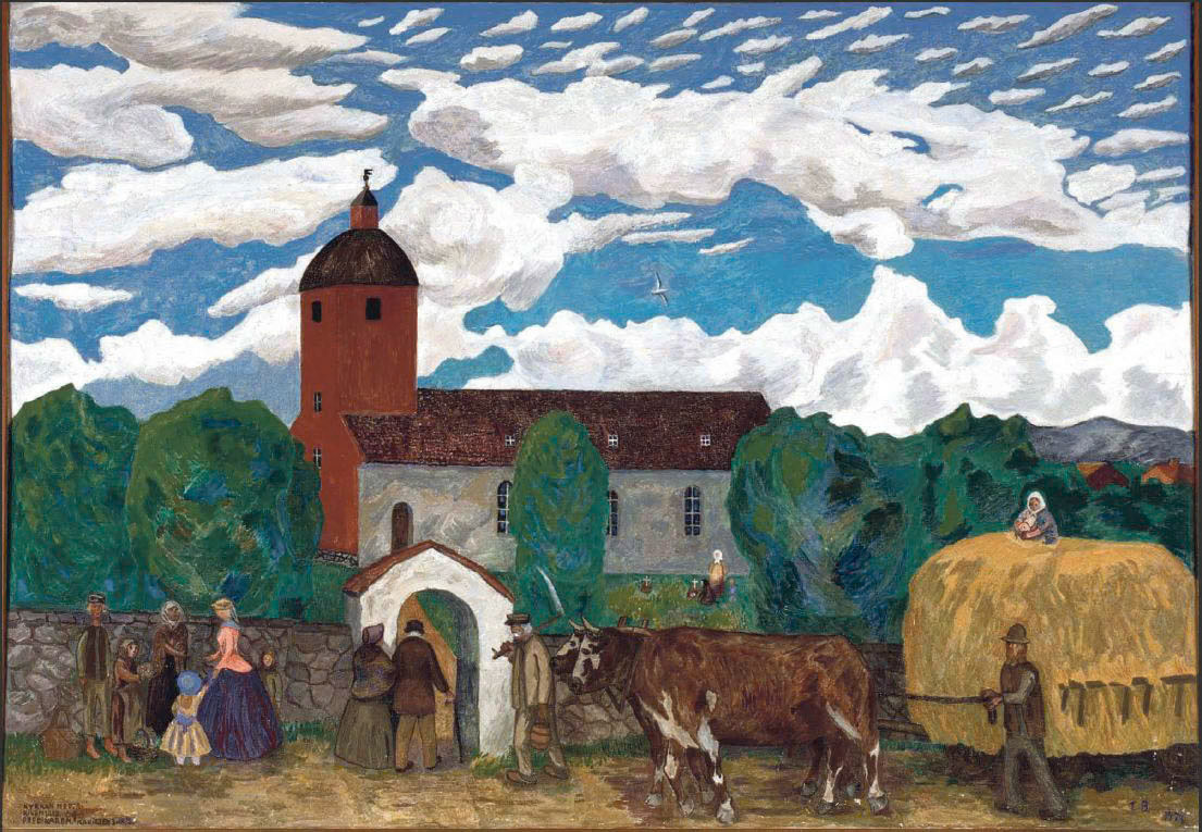 Släps gamla kyrka som den avbildats av Torsten Billman. Originalet finns i Släps församlingshem.