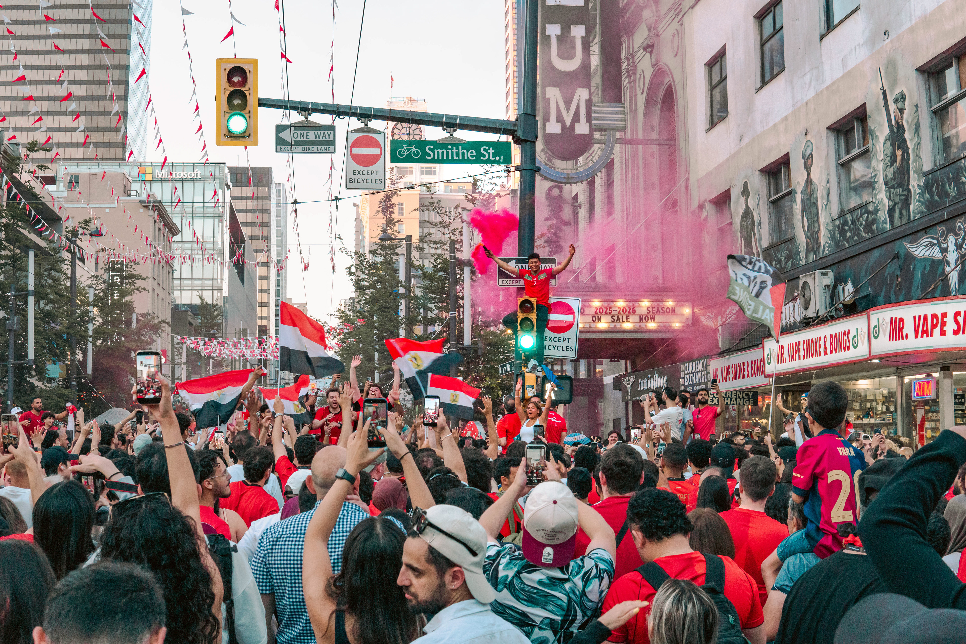 Egypt fans celebrating in Vancouver after the FIFA World Cup win against New Zealand, June 2026.