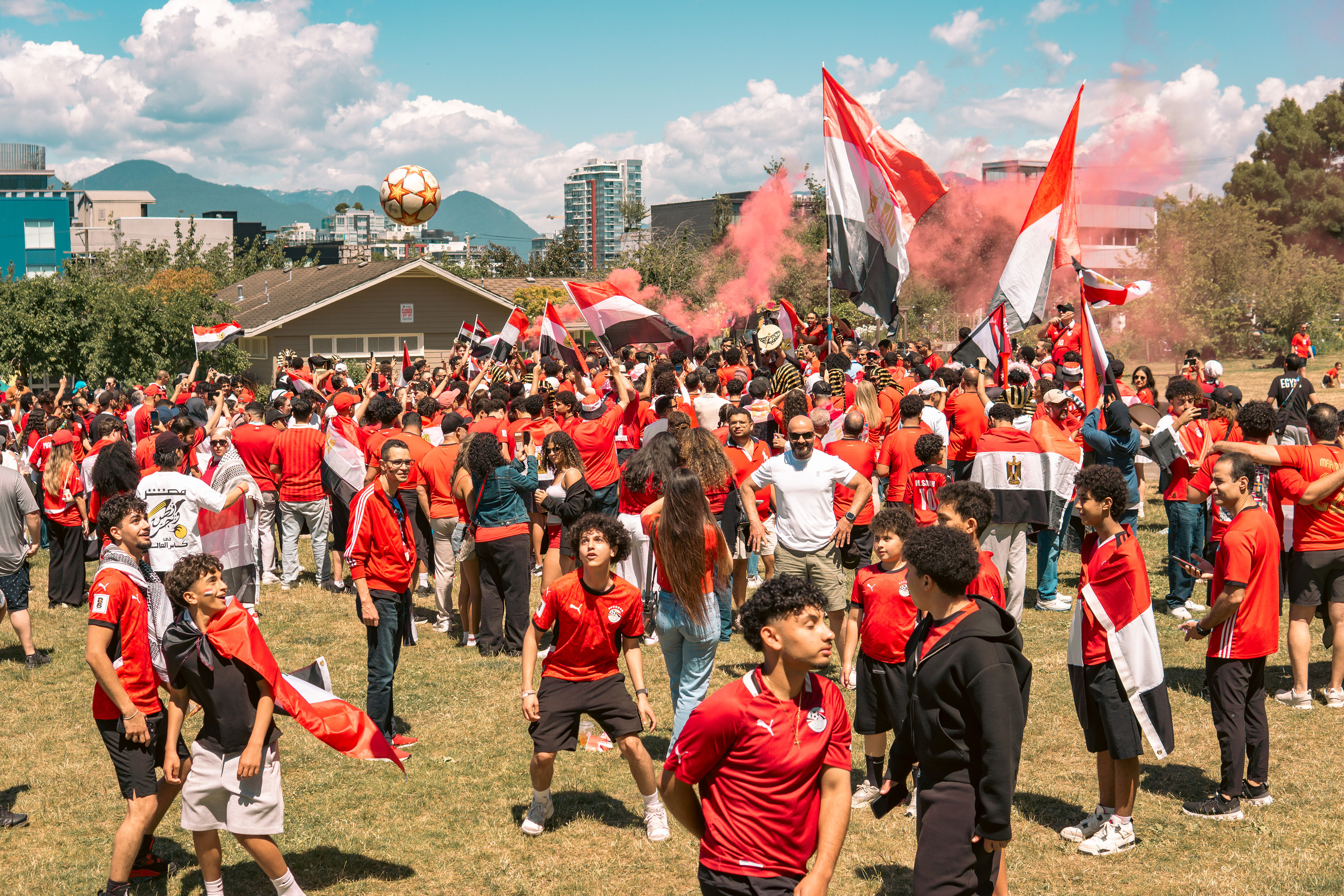 Egypt fans gathered at Jonathan Rogers Park before marching through Vancouver ahead of the FIFA World Cup match against New Zealand at BC Place, June 2026.