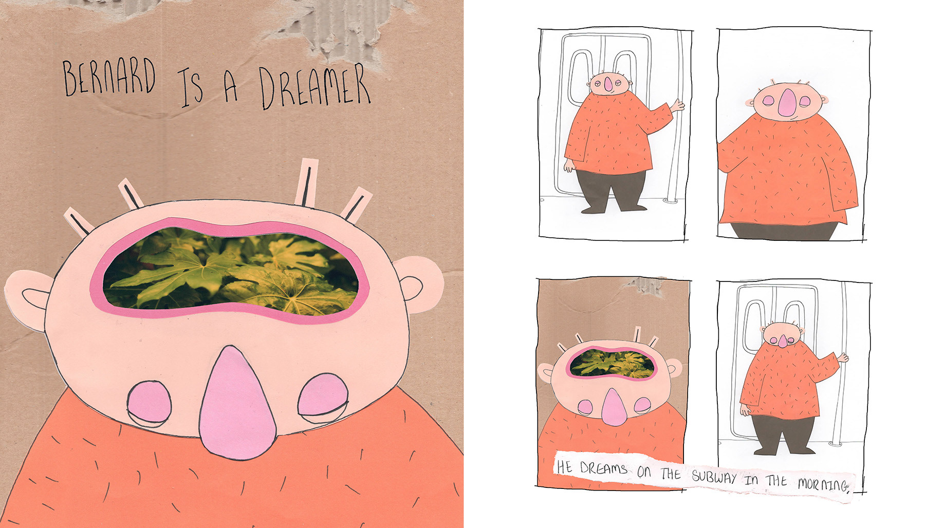 Image of two pages from the comic, Bernard the dreamer. First page has Bernard sleeping and his dream about leaves visible in his head. Second page of Bernard falling asleep on the train. Text reads, he dreams on the subway in the morning. 