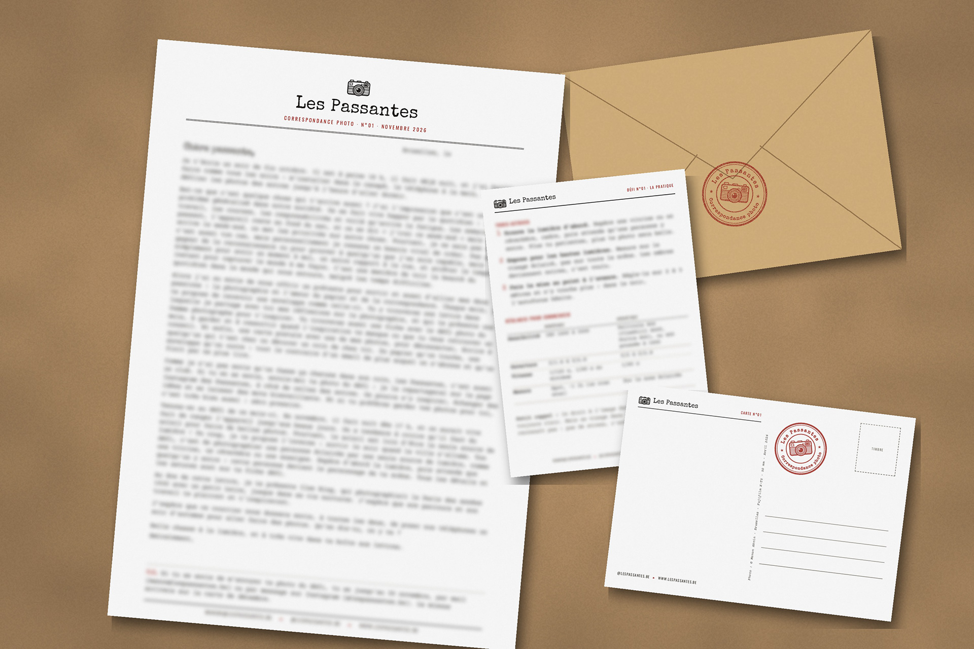 Le courrier mensuel des Passantes : une enveloppe kraft, une lettre, une fiche défi et une carte postale